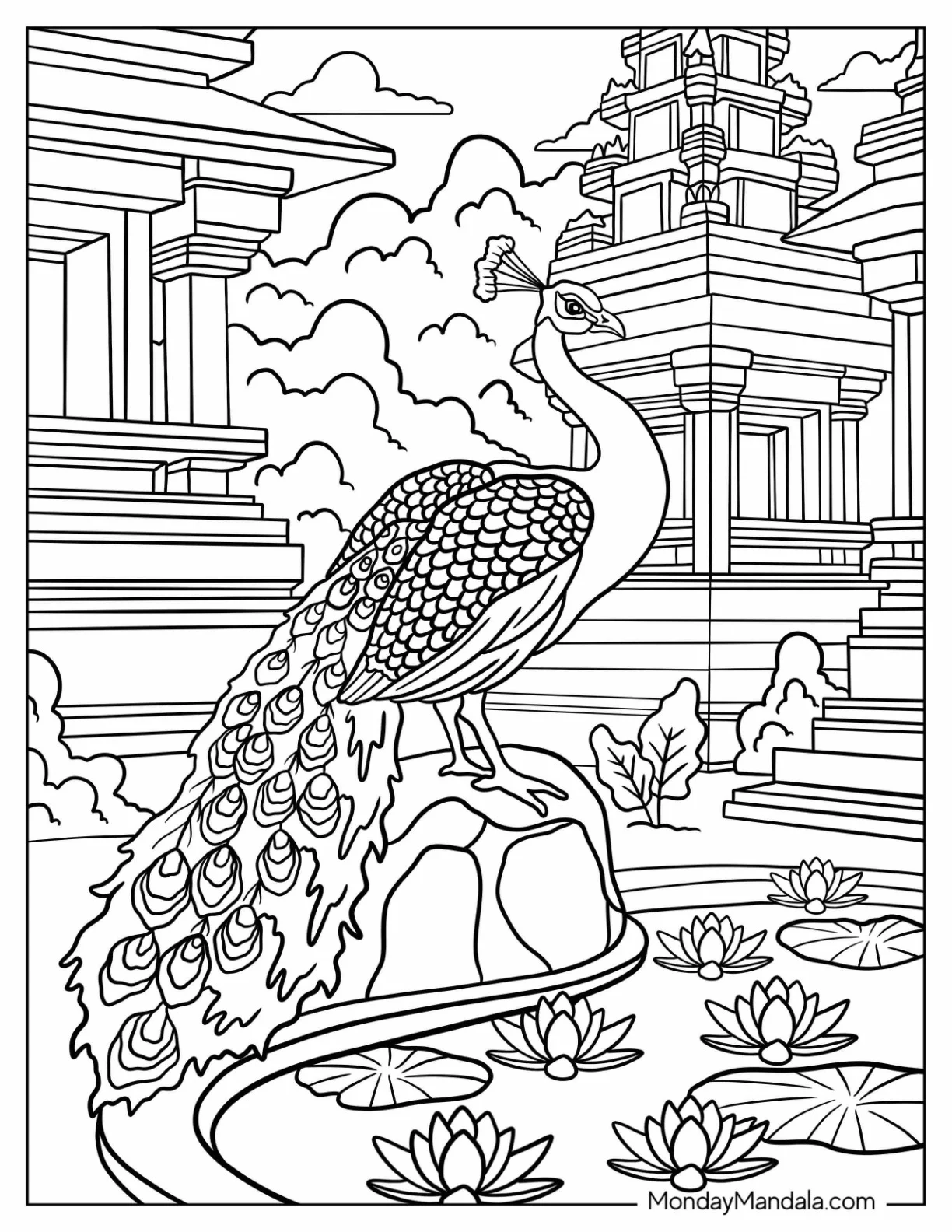 Peacock Coloring Page by Lotus Pond with Temple Background for Adults coloring page — printable line art