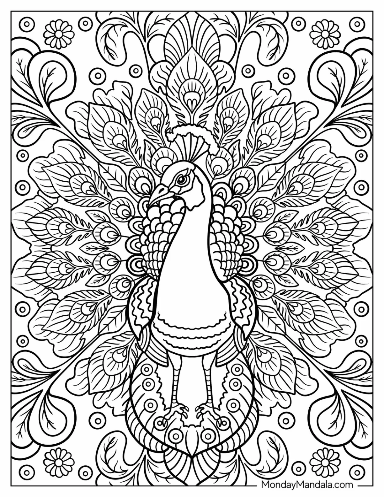 Peacock Coloring Page in Ornamental Mandala Style With Floral Pattern coloring page