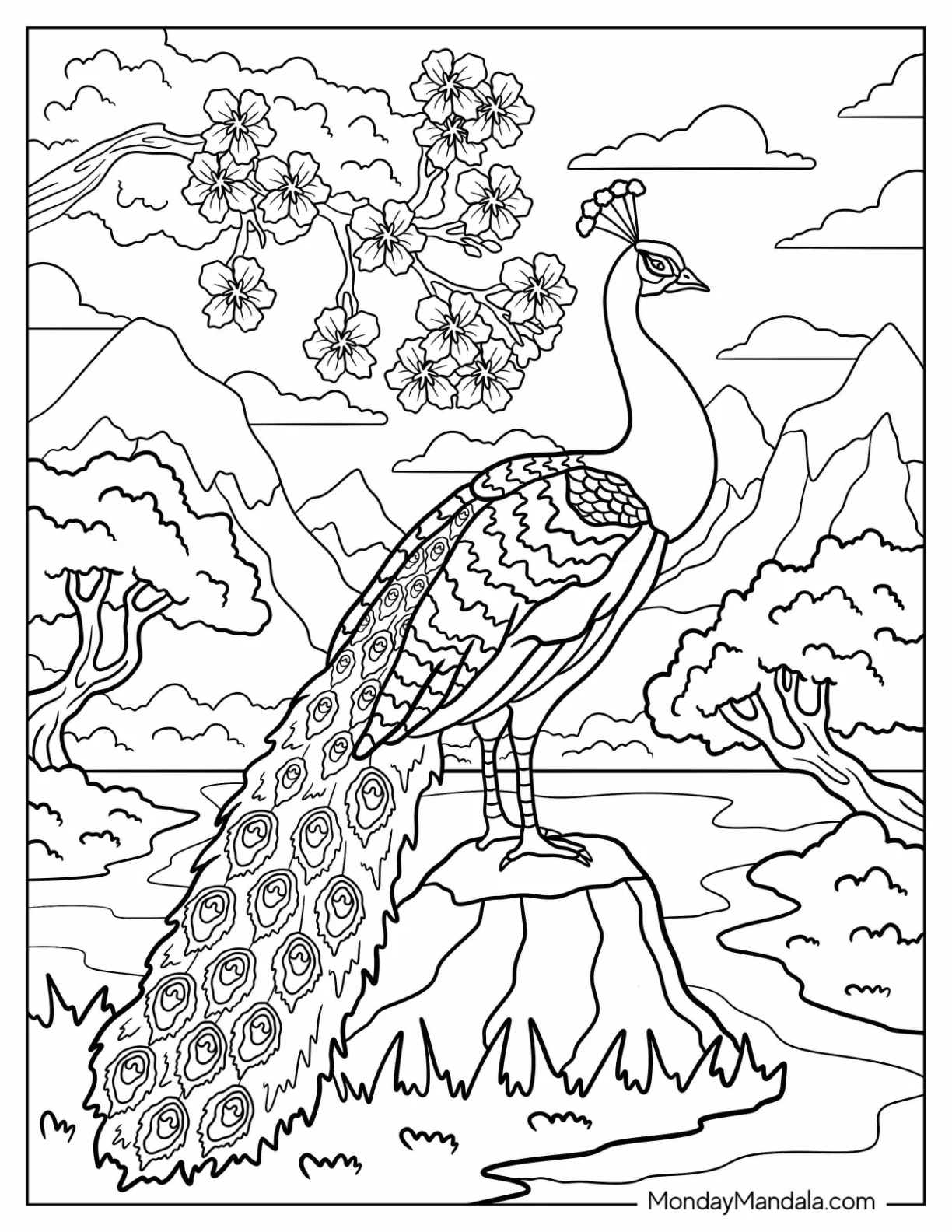 Peacock Coloring Page on Rock with Blossoms and Mountain Landscape coloring page — printable line art