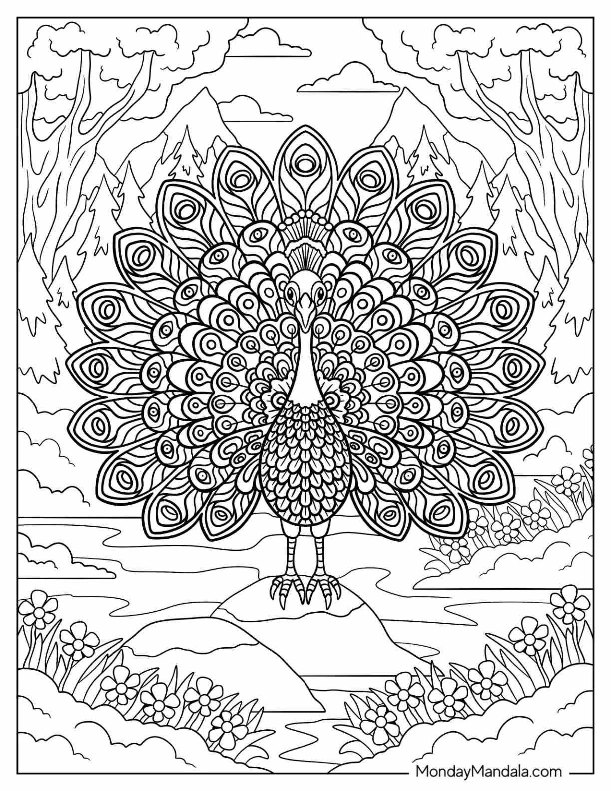 Peacock Coloring Page with Decorative Feathers In Woodland Meadow coloring page — printable line art