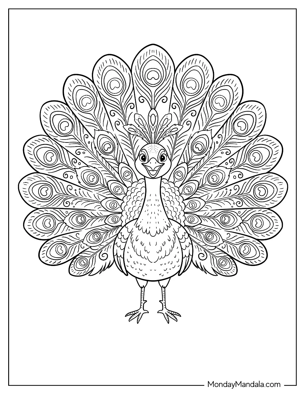 Peacock Displaying Ornate Fan Tail Feathers Coloring Page coloring page — printable line art