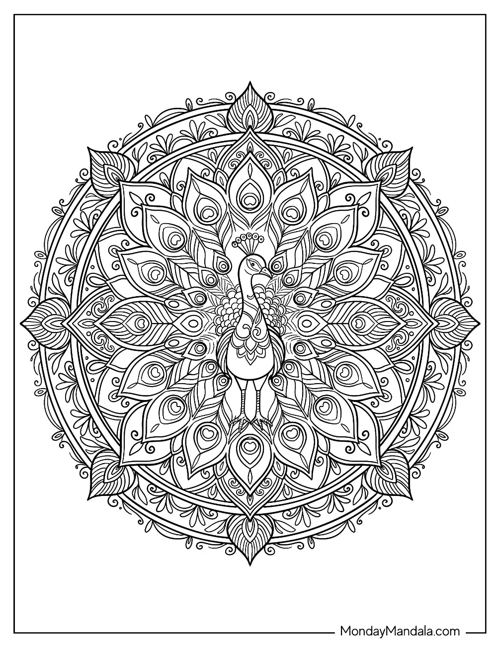 Peacock Mandala with Ornate Tail Feathers coloring page