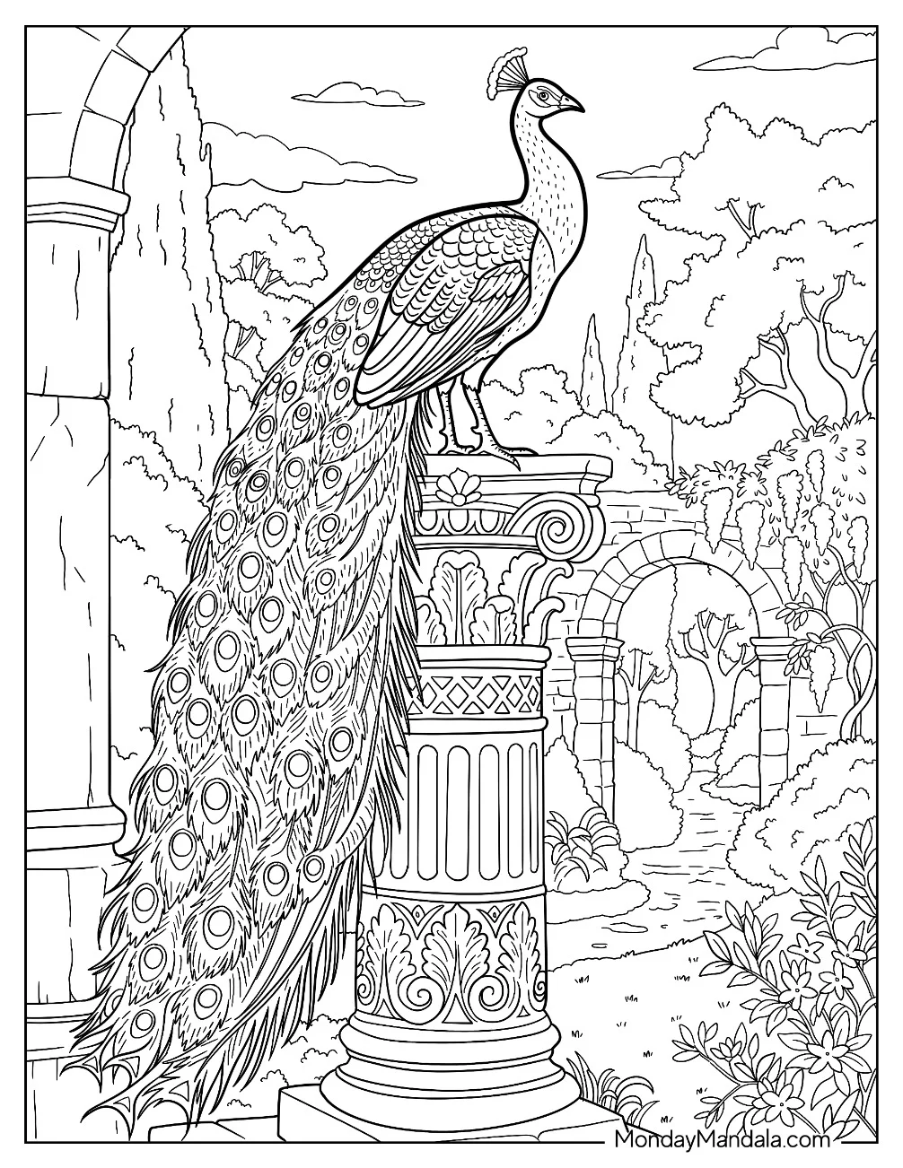 Peacock Perched on an Ancient Garden Column Coloring Page coloring page