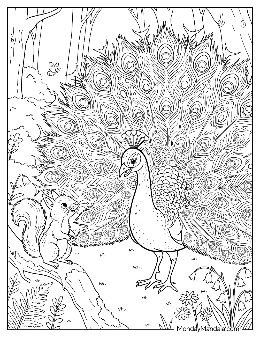 Peacock Showing Tail Feathers to a Squirrel Coloring Sheet coloring page