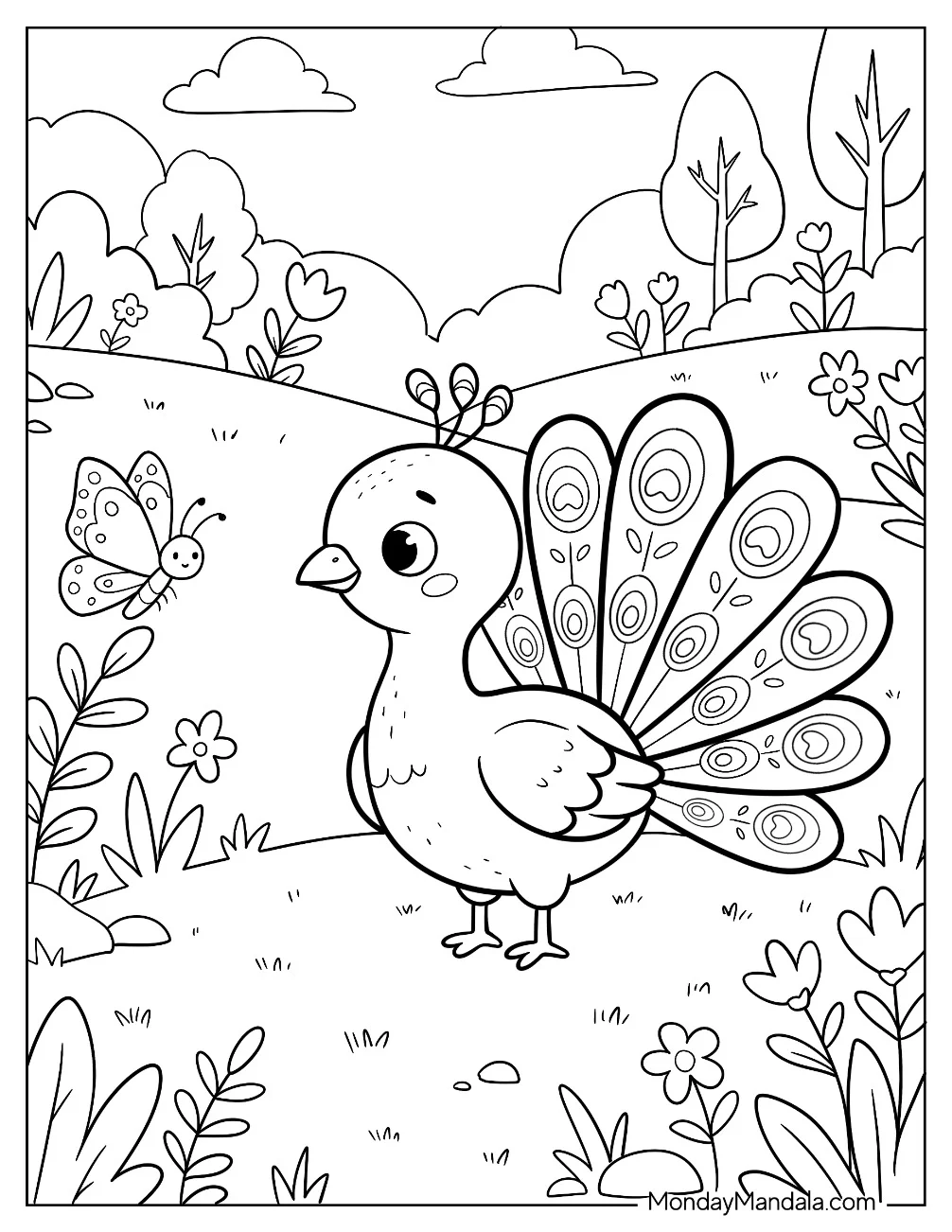 Peacock Watching a Butterfly in a Flower Garden Coloring Page coloring page