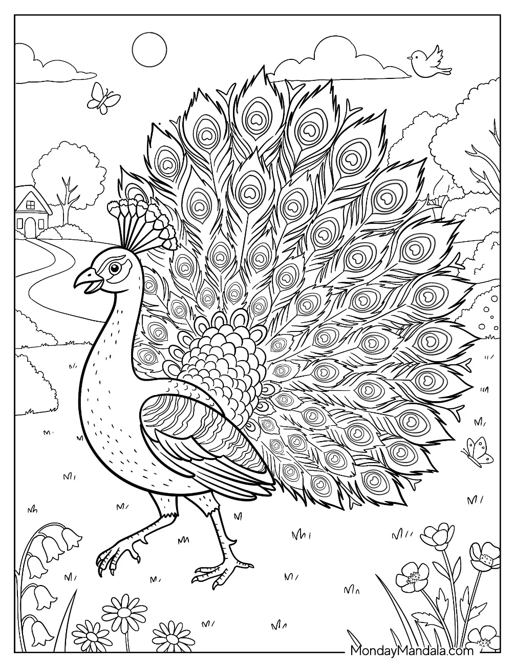 Realistic Peacock with Massive Tail Walking in a Field coloring page — printable line art
