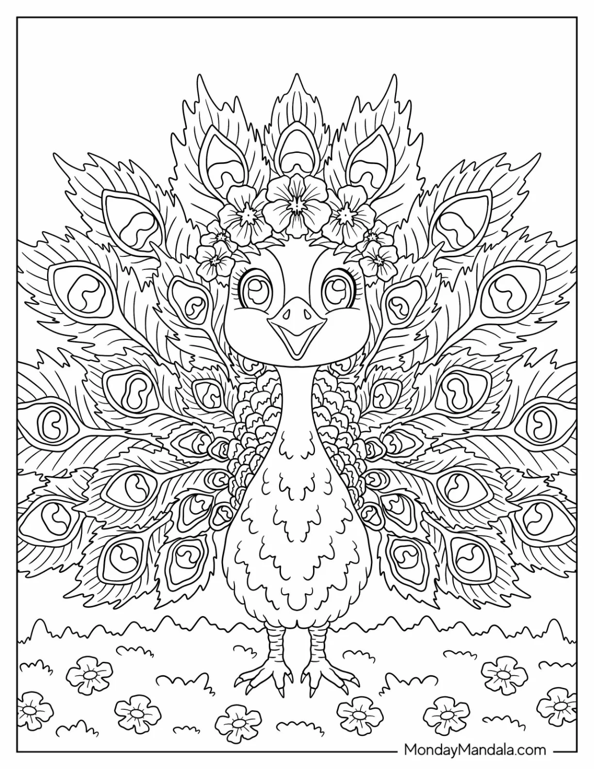 Smiling Cartoon Peacock Coloring Page with Floral Crown and Fanned Feathers For Kids coloring page