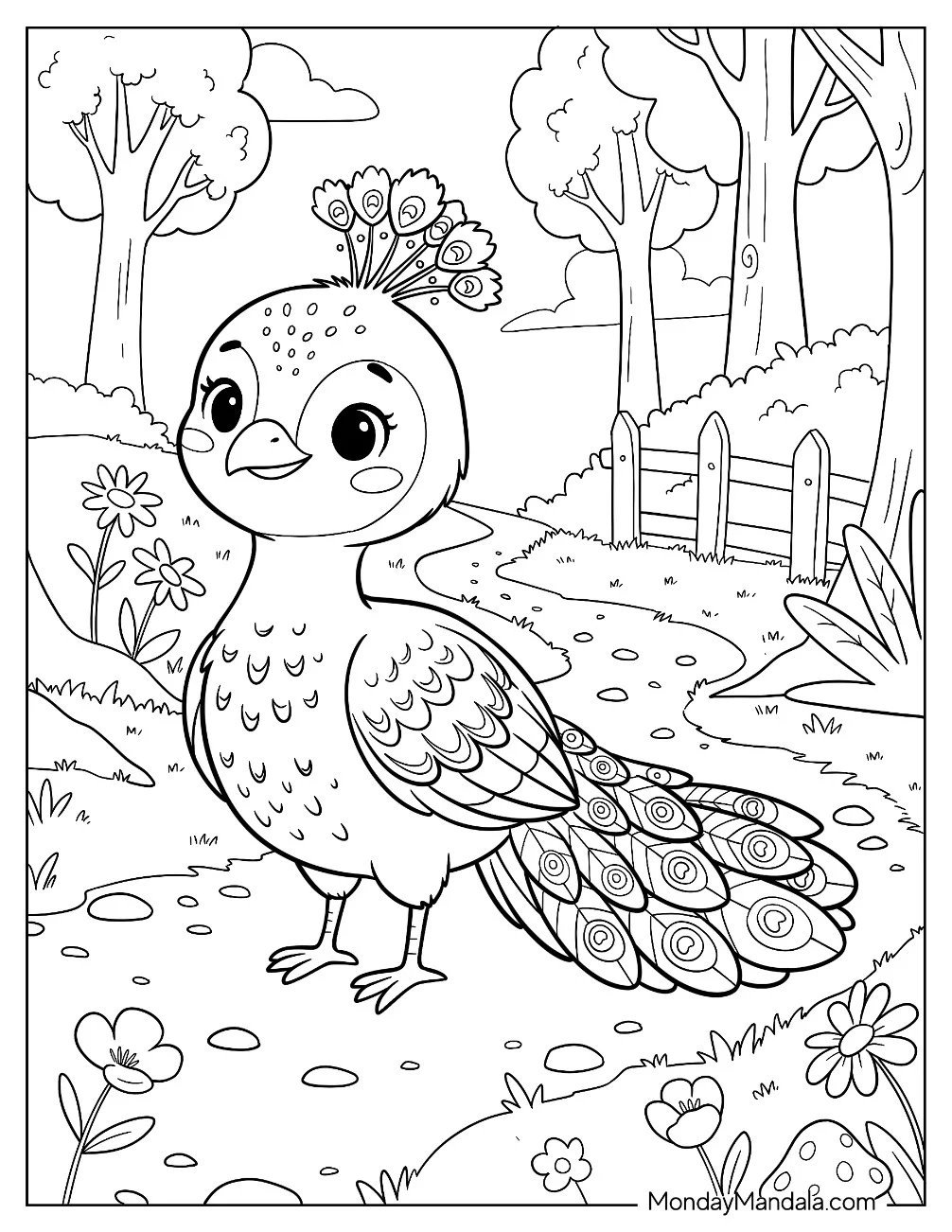Young Peacock Standing on a Garden Path Coloring Page for Kids coloring page