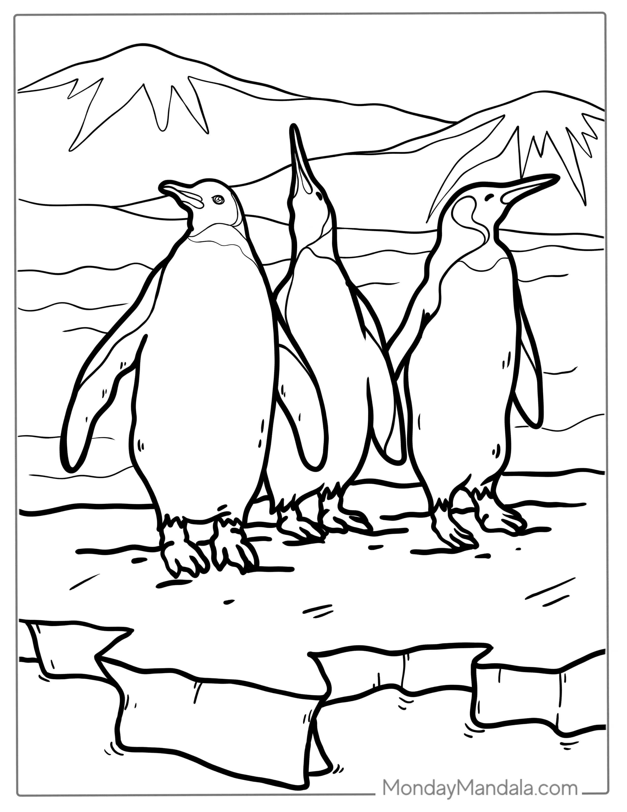 3 Emperor Penguins On Ice Coloring Page coloring page — printable line art