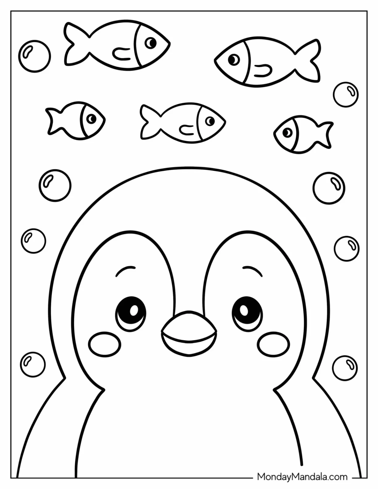 Adorable Penguin Coloring Page Staring Up at Swimming Fish for Preschoolers coloring page