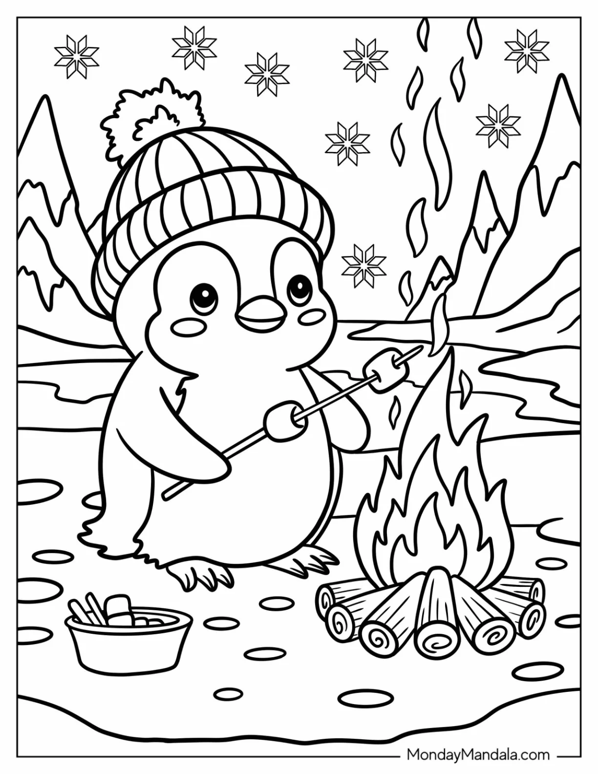 Baby Penguin Coloring Page Making S mores in Winter for Kids coloring page