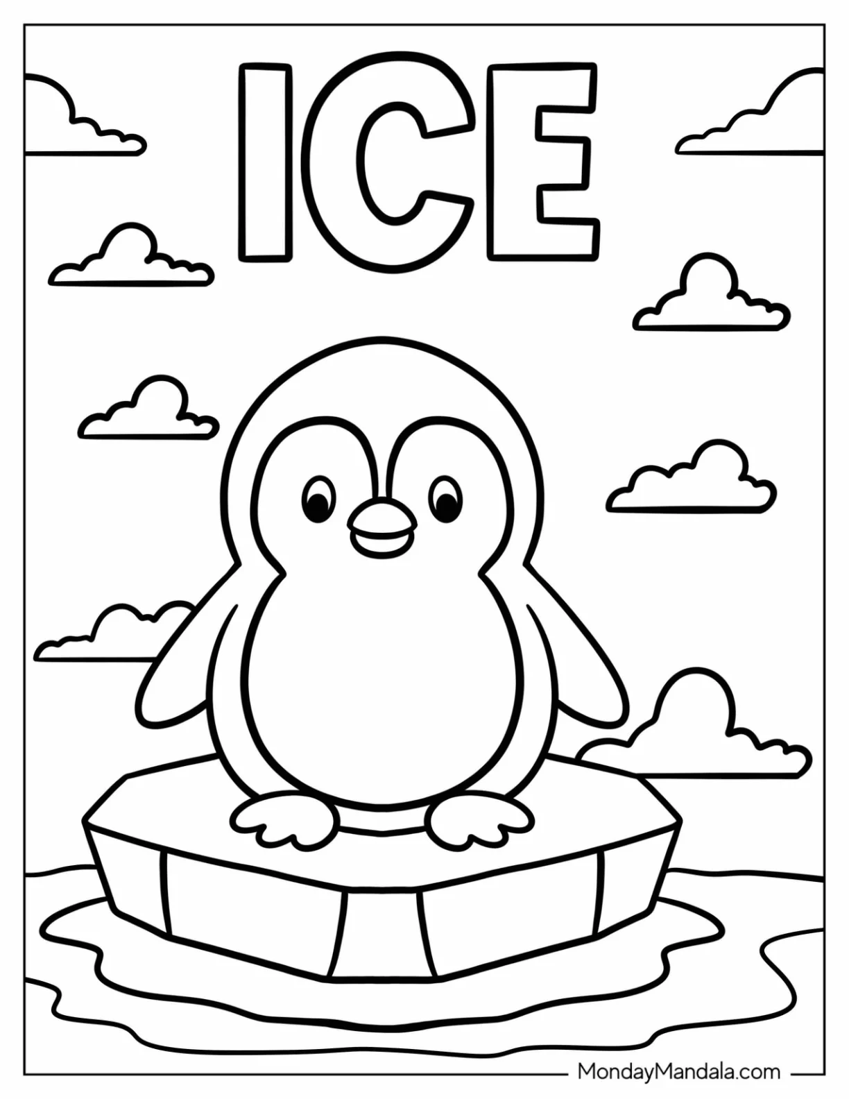 Chibi Penguin Coloring Page with Ice Text in the Sky for Kids coloring page