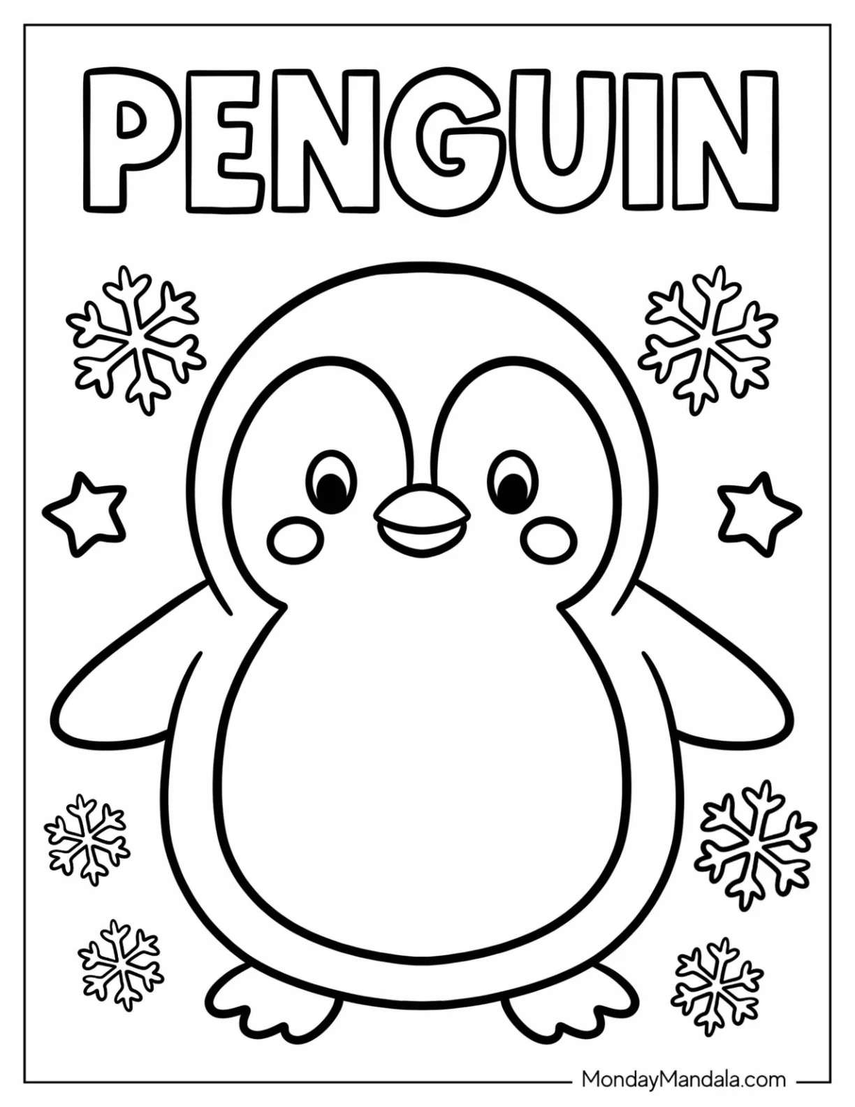 Easy Blushing Penguin Coloring Page with Snowflakes and Text for Preschoolers coloring page