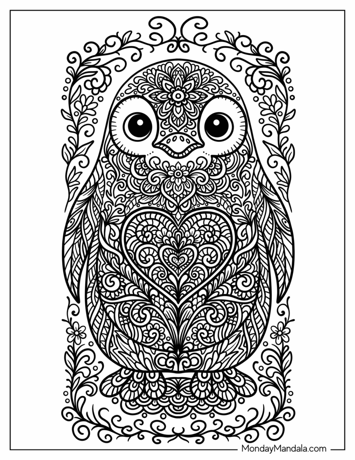Elegant Penguin Coloring Page Mandala with Intricate Patterns coloring page