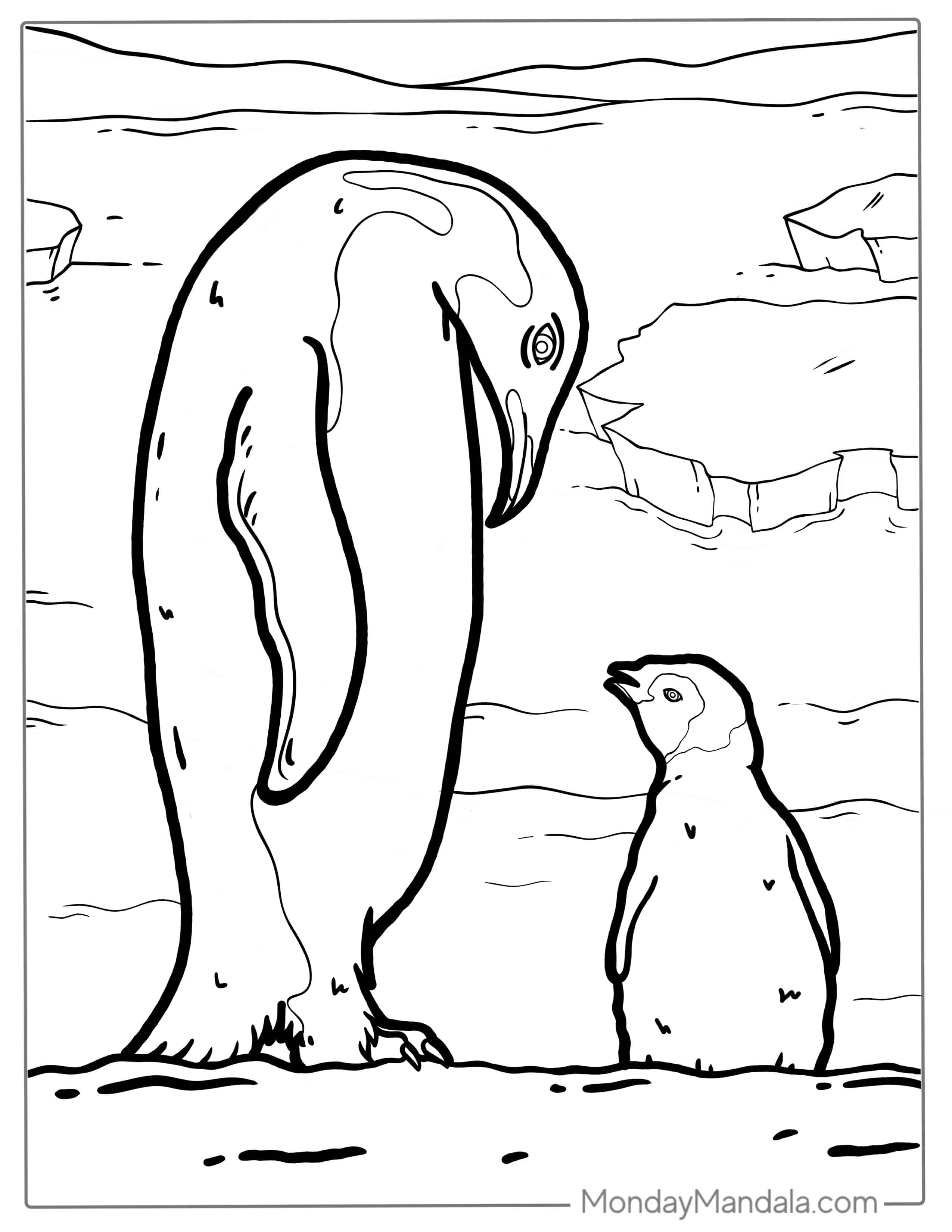 Emperor Penguin With Baby Chick Coloring In coloring page — printable line art