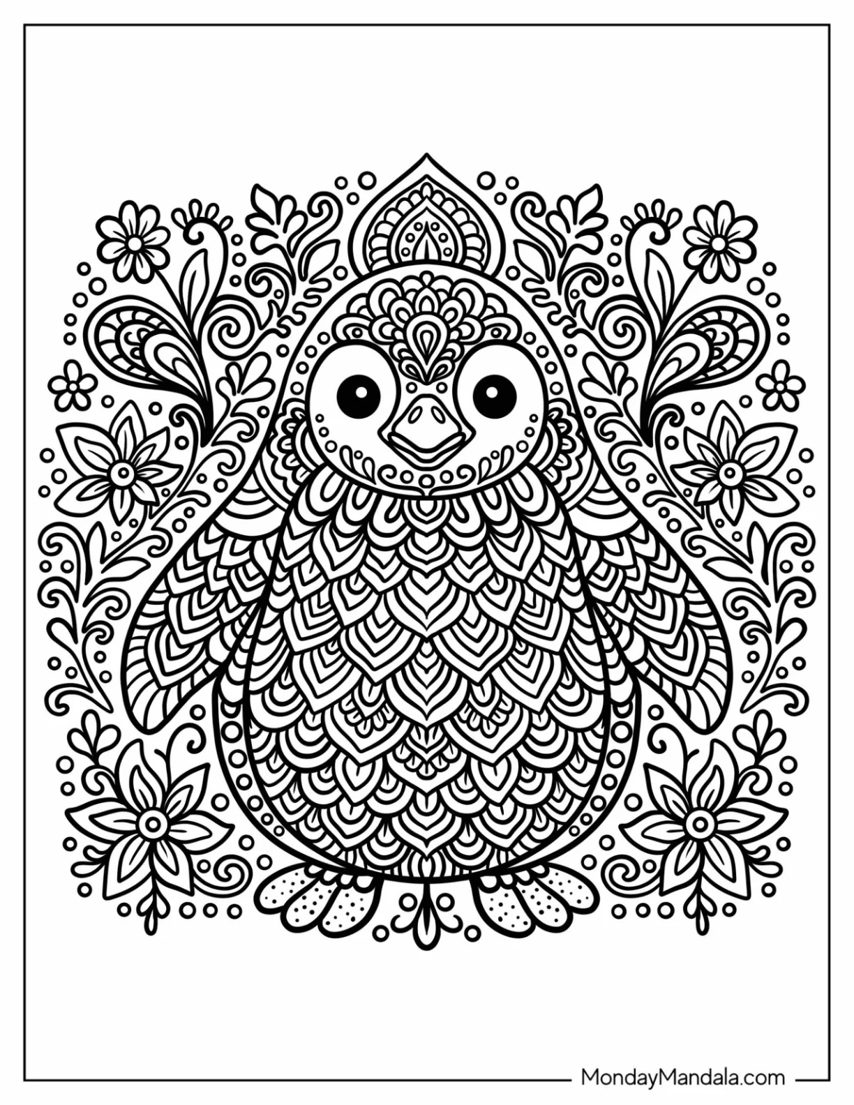 Intricate Baby Penguin Coloring Page Mandala with Leaves and Flowers coloring page — printable line art