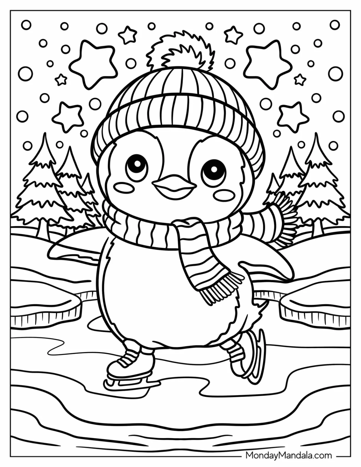 Kawaii Penguin Coloring Page in Beanie and Scarf Ice Skating in Winter coloring page — printable line art