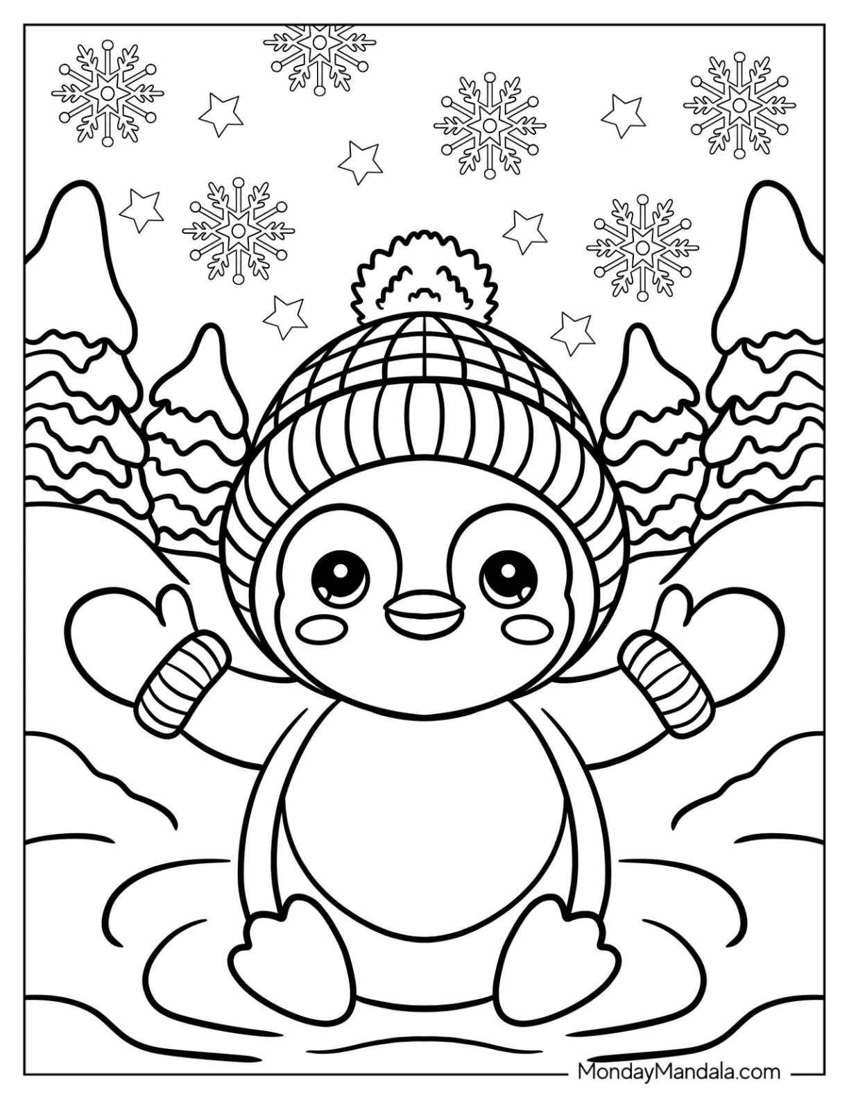 Little Penguin Coloring Page Wearing Beanie and Mitts coloring page — printable line art