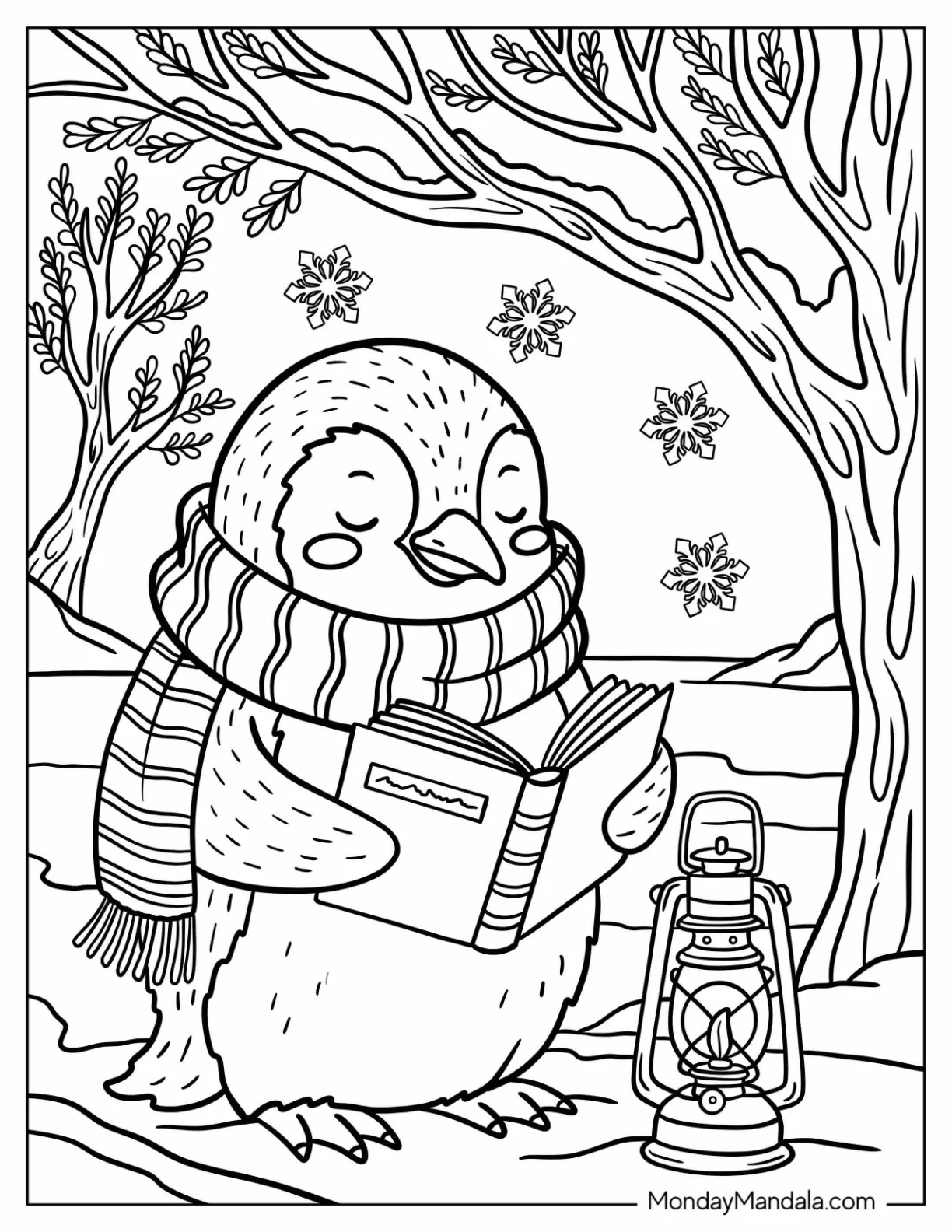 Nerdy Penguin Coloring Page Reading Book through Lamplight in the Forest coloring page