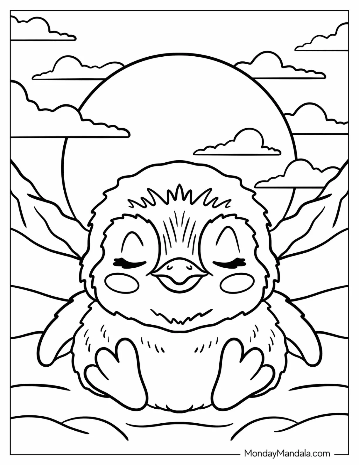 Newborn Baby Penguin Coloring Page in the Snow coloring page — printable line art