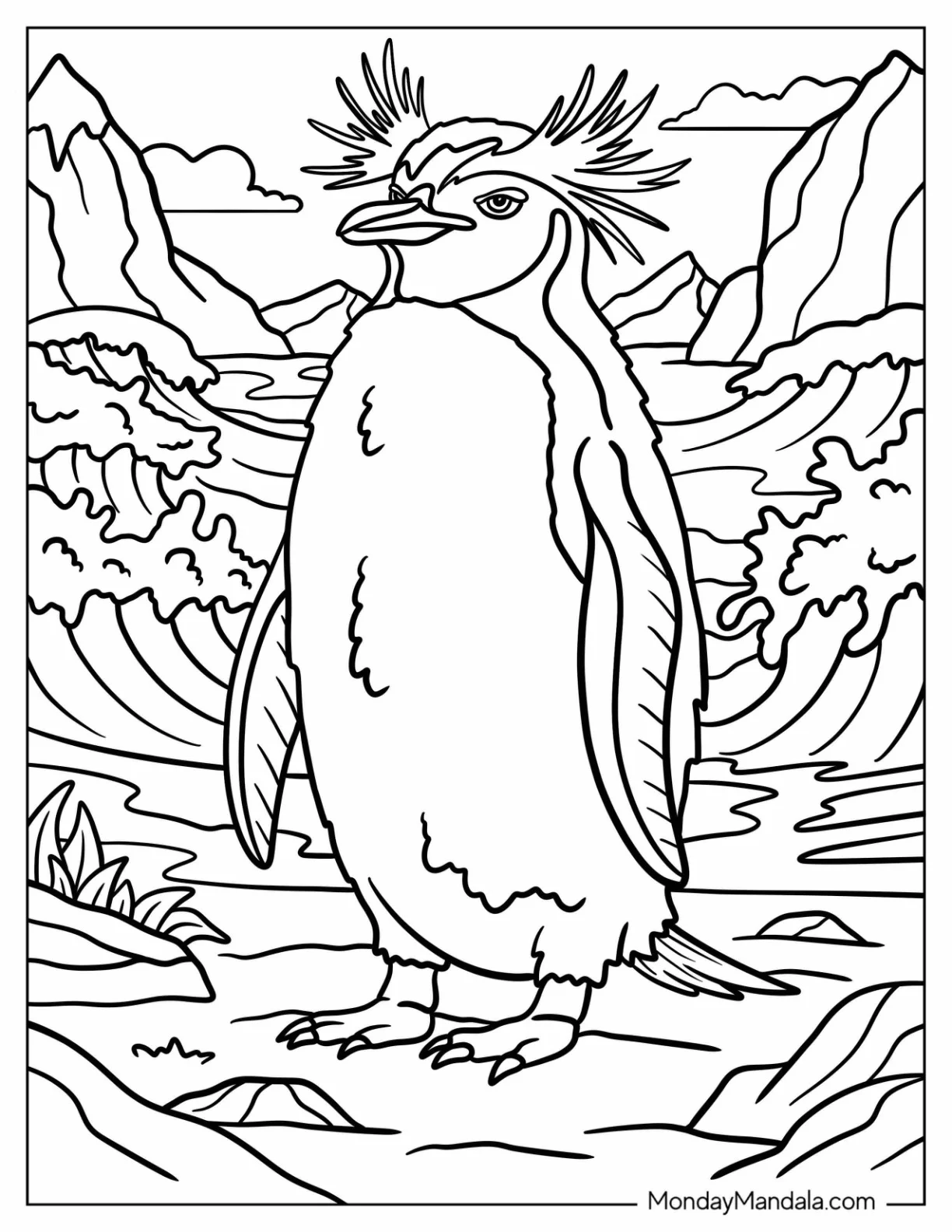 Northern Rockhopper Penguin Coloring Page with Sea Behind It coloring page