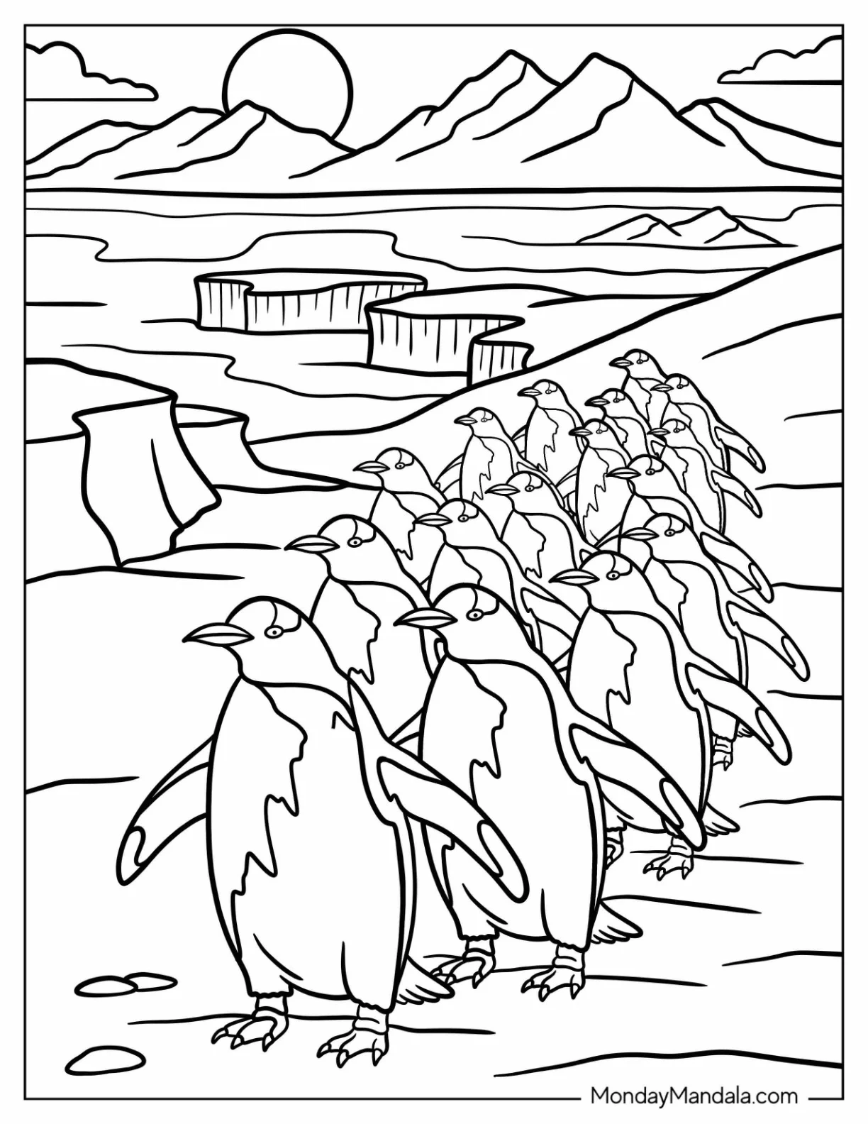 Penguin Coloring Page Colony Waddling Through Ice coloring page — printable line art