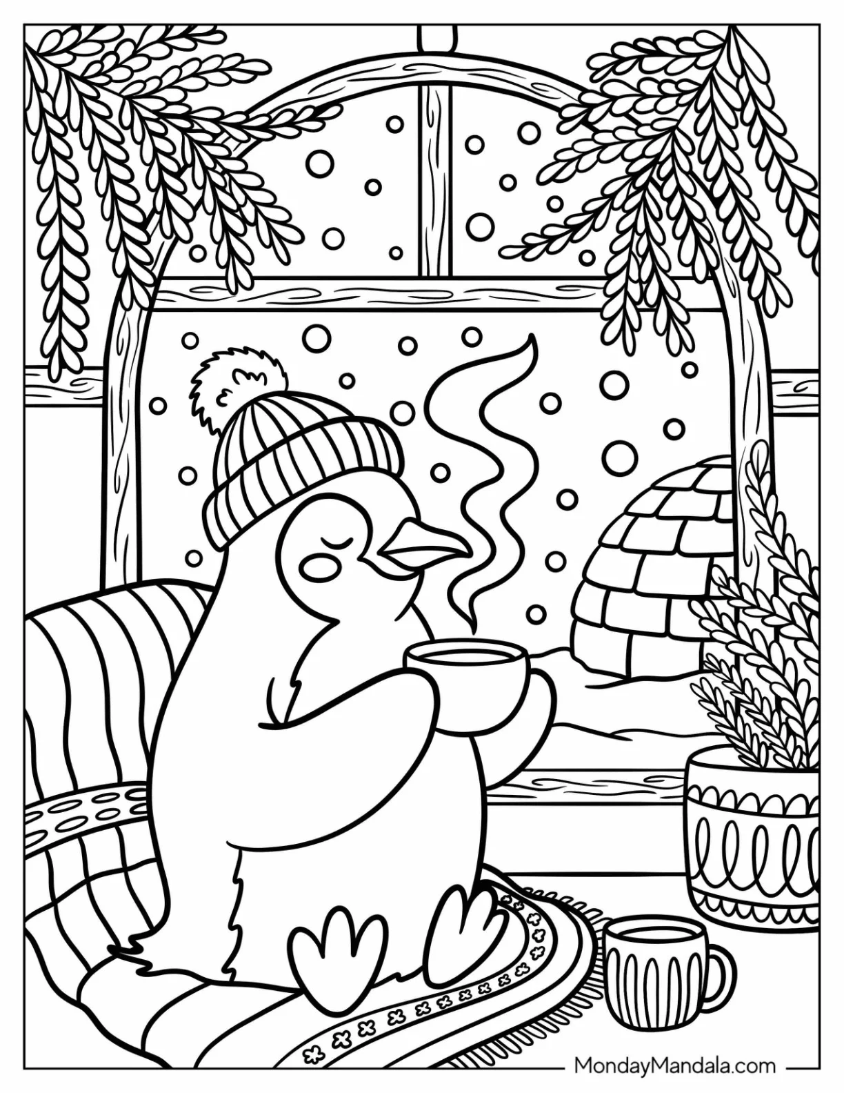 Penguin Coloring Page Drinking Coffee Inside Igloo for Kids coloring page — printable line art