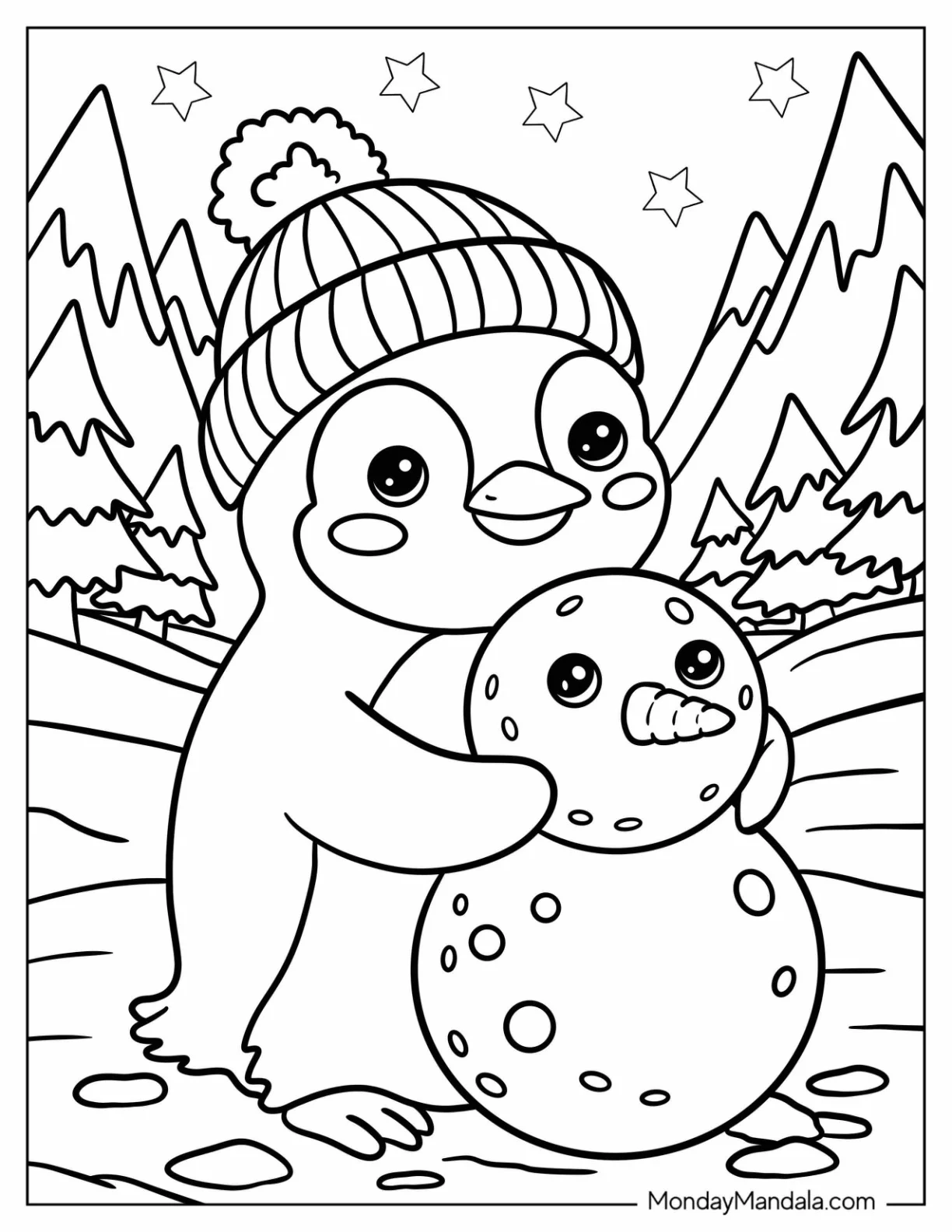Penguin Coloring Page Hugging a Snowman for Kids coloring page