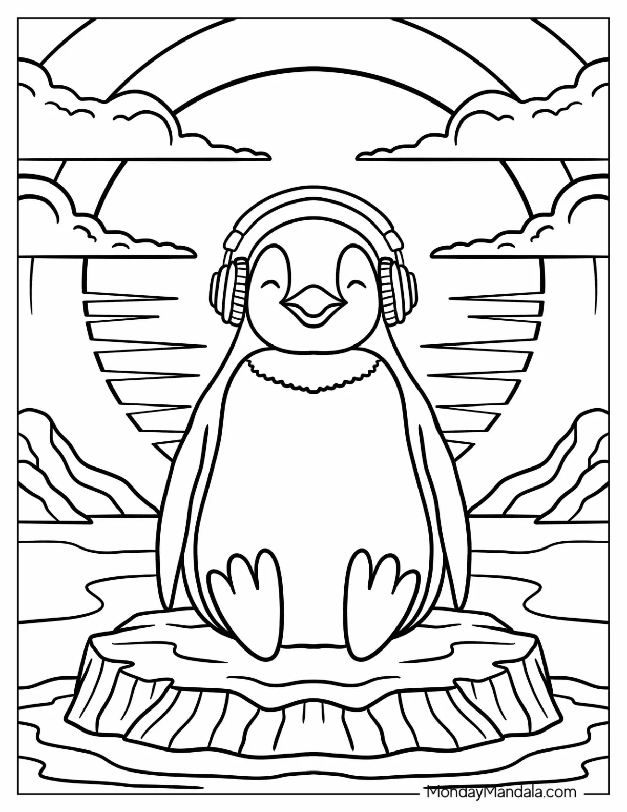 Penguin Coloring Page Listening to Music on Headphones While Sitting on Ice coloring page
