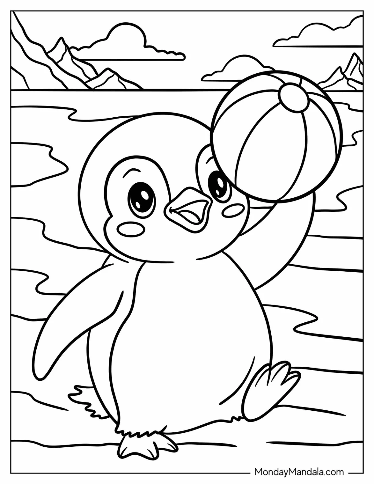 Simple Penguin Coloring Page Holding Up a Beachball for Preschoolers coloring page