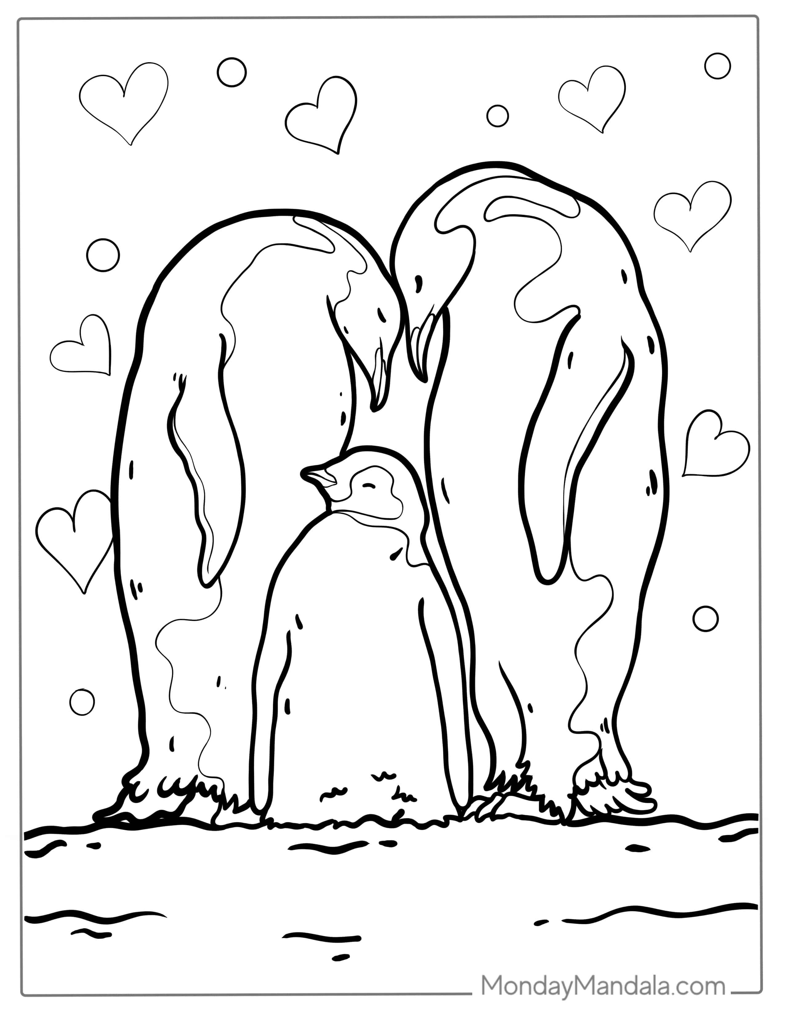 Two King Penguins With Baby Coloring coloring page — printable line art
