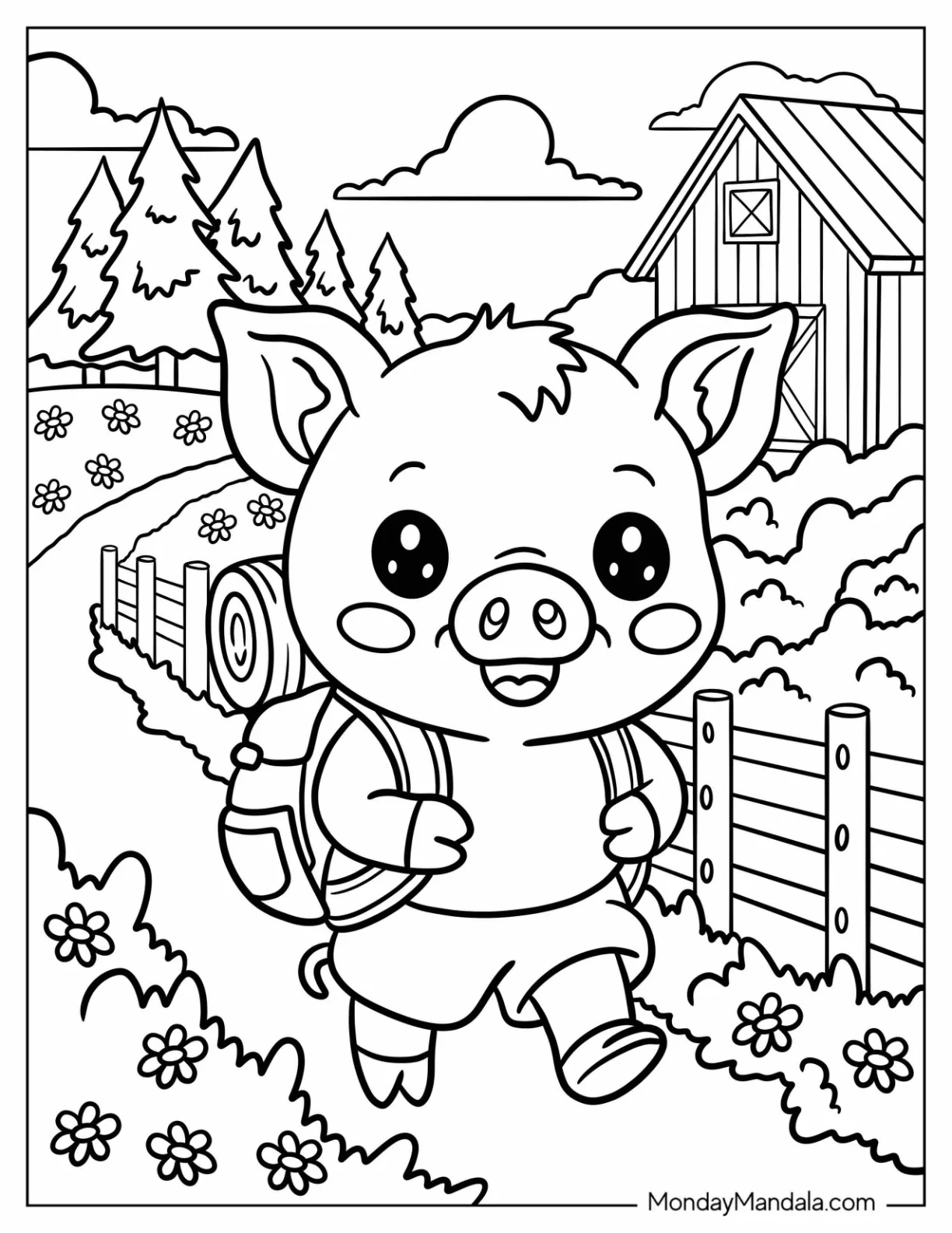 Adorable Pig Coloring Page with Backpack Walking to School for Kids coloring page