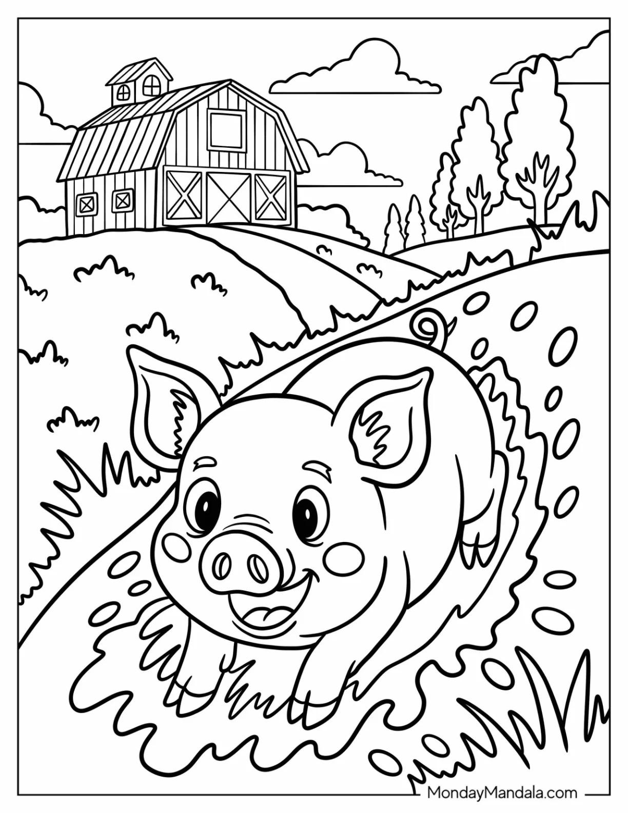 Adventurous Pig Coloring Page Going Down Mud Slide coloring page — printable line art
