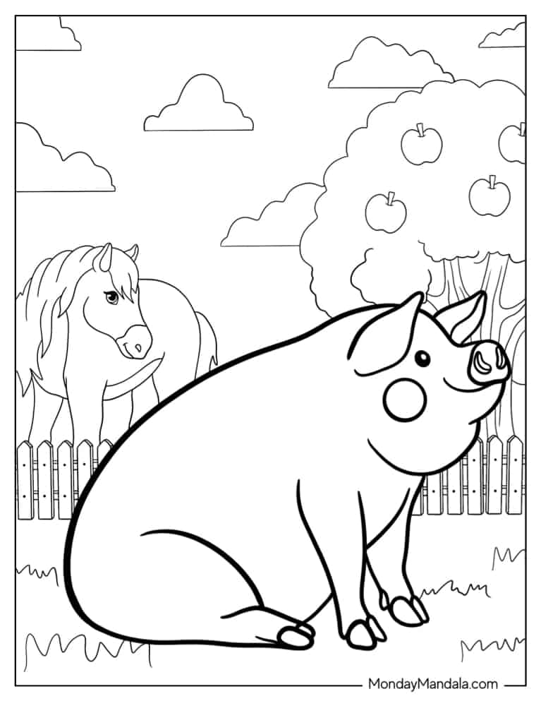 Big Farm Pig With Horse To Color coloring page