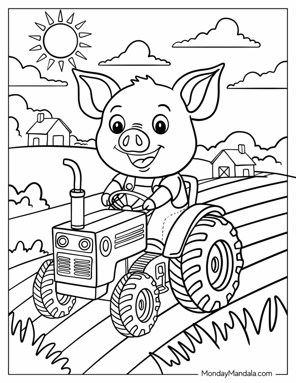 Cartoon Pig Coloring Page Farmer on a Tractor for Kids coloring page — printable line art