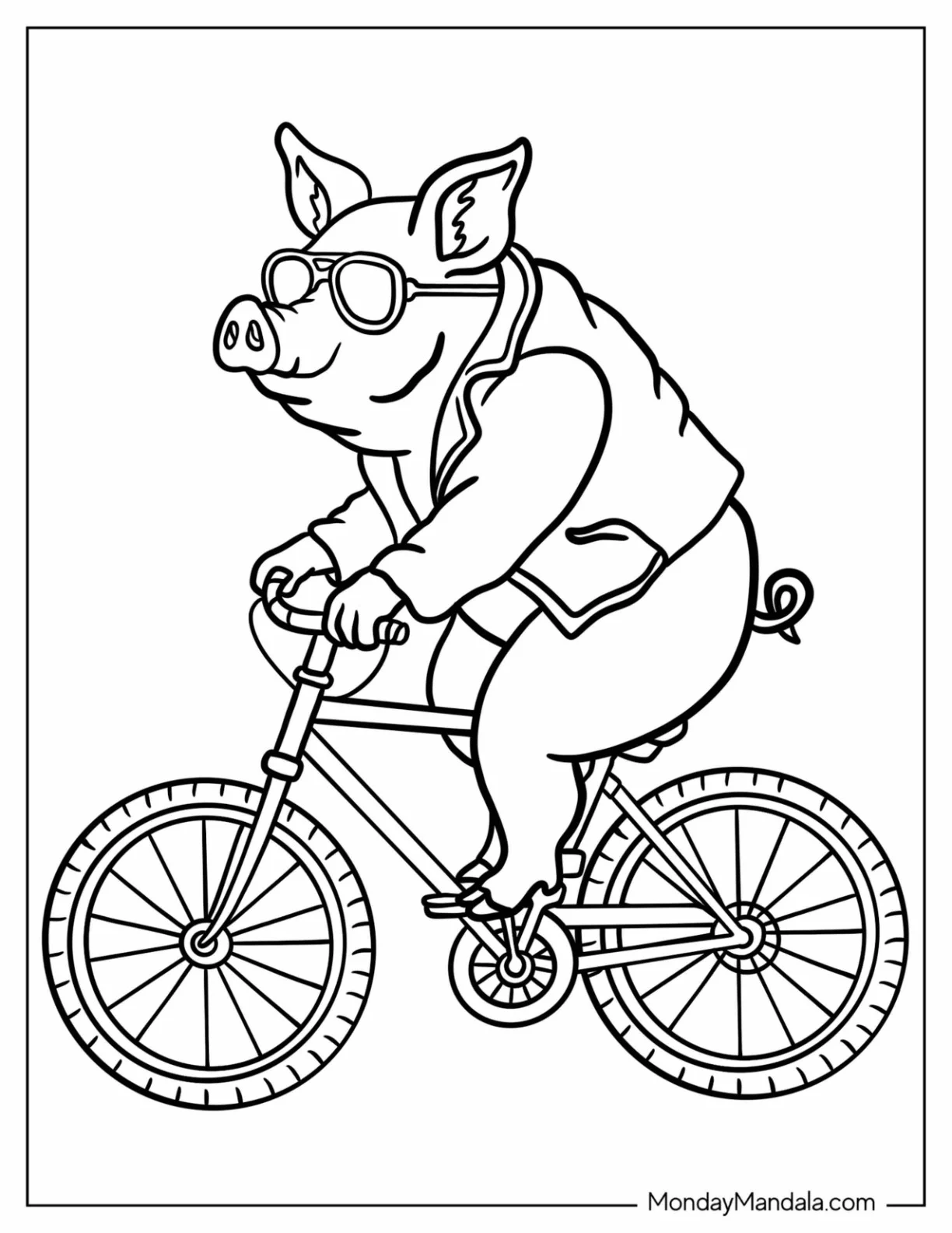 Cool Pig Coloring Page with Sunglasses and Leather Jacket Riding a Bicycle coloring page