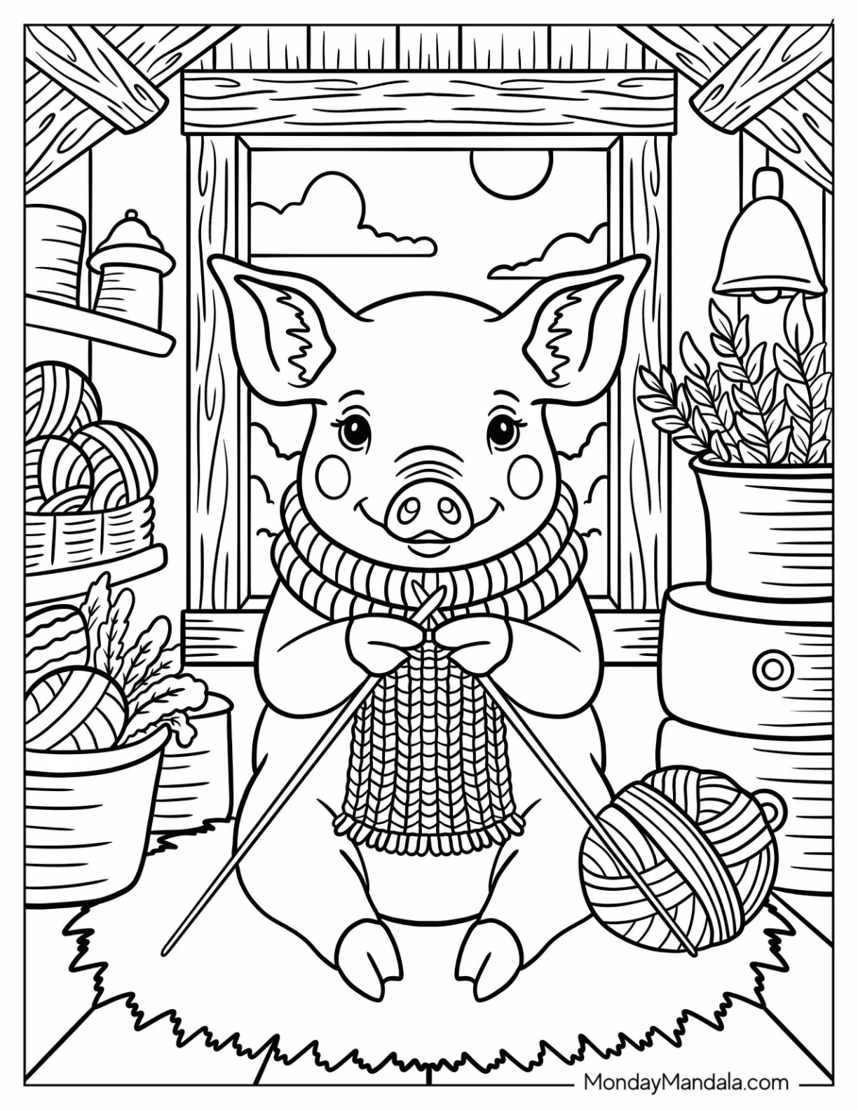 Cozy Pig Coloring Page Knitting a Scarf coloring page