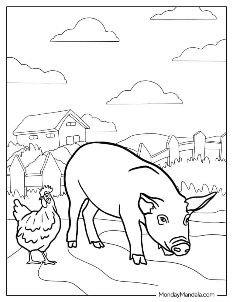 Detailed Pig And Chicken Coloring Sheet coloring page — printable line art