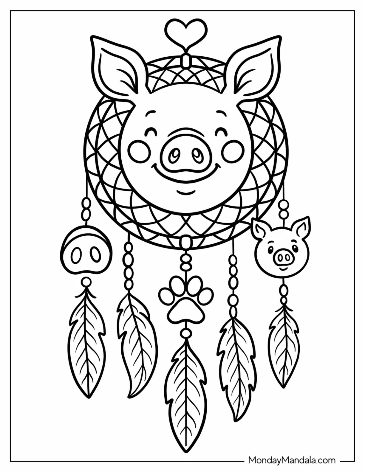 Easy Pig Coloring Page Dreamcatcher with Cute Charms for Kids coloring page