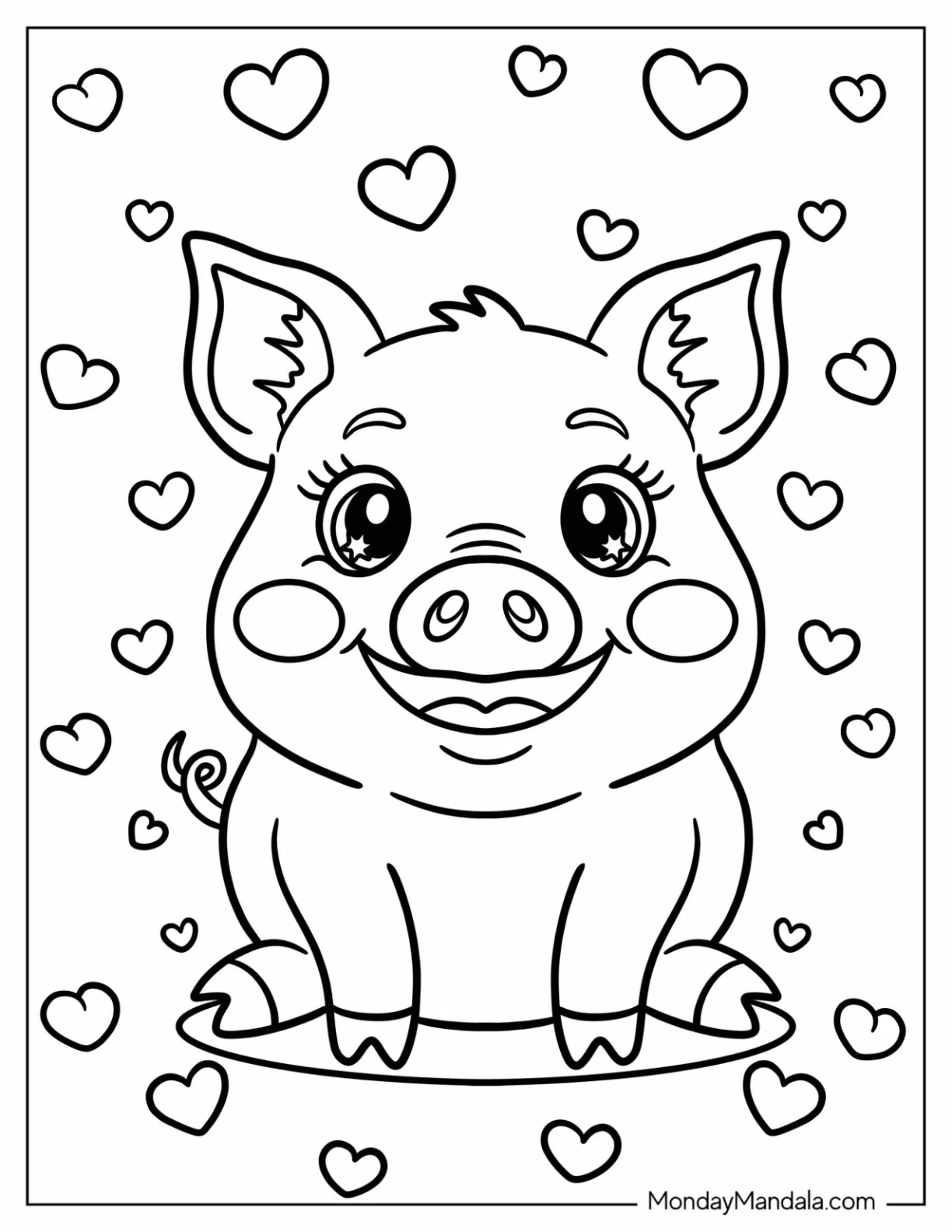 Happy Little Pig Coloring Page Surrounding by Love Hearts for Kids coloring page