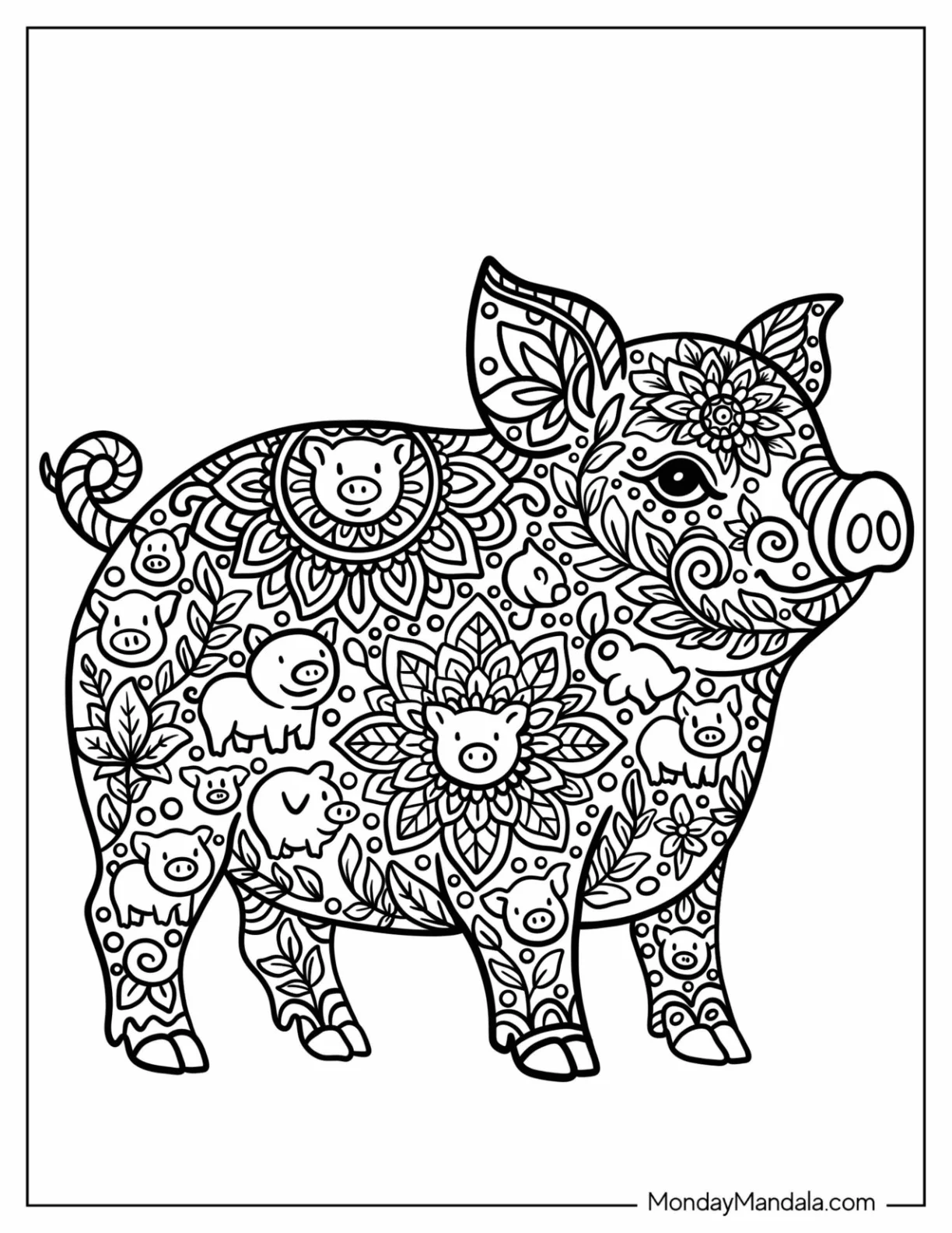 Intricate Pig Coloring Page Mandala with Flower and Piglet Patterns coloring page