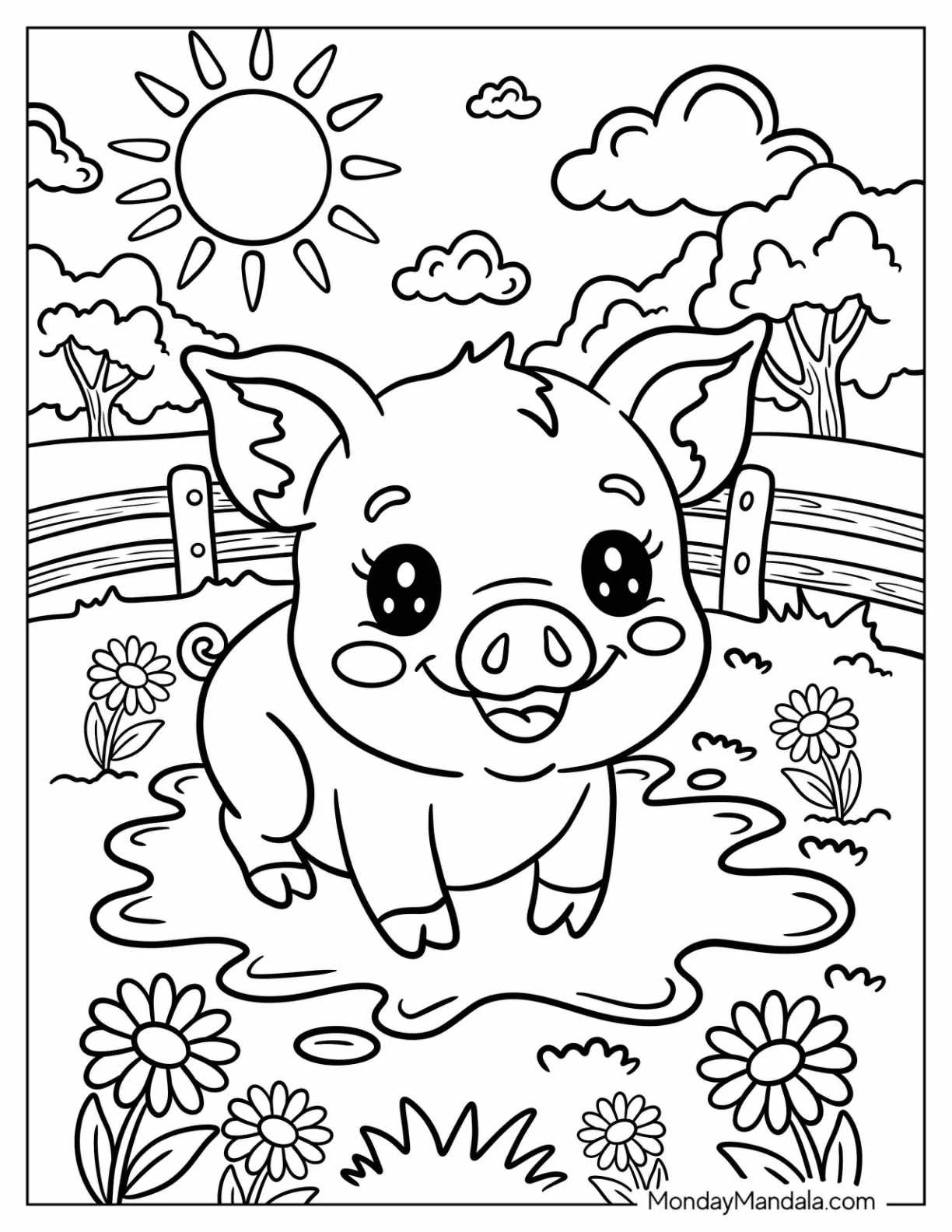 Kawaii Pig Coloring Page Standing in the Mud for Kids coloring page