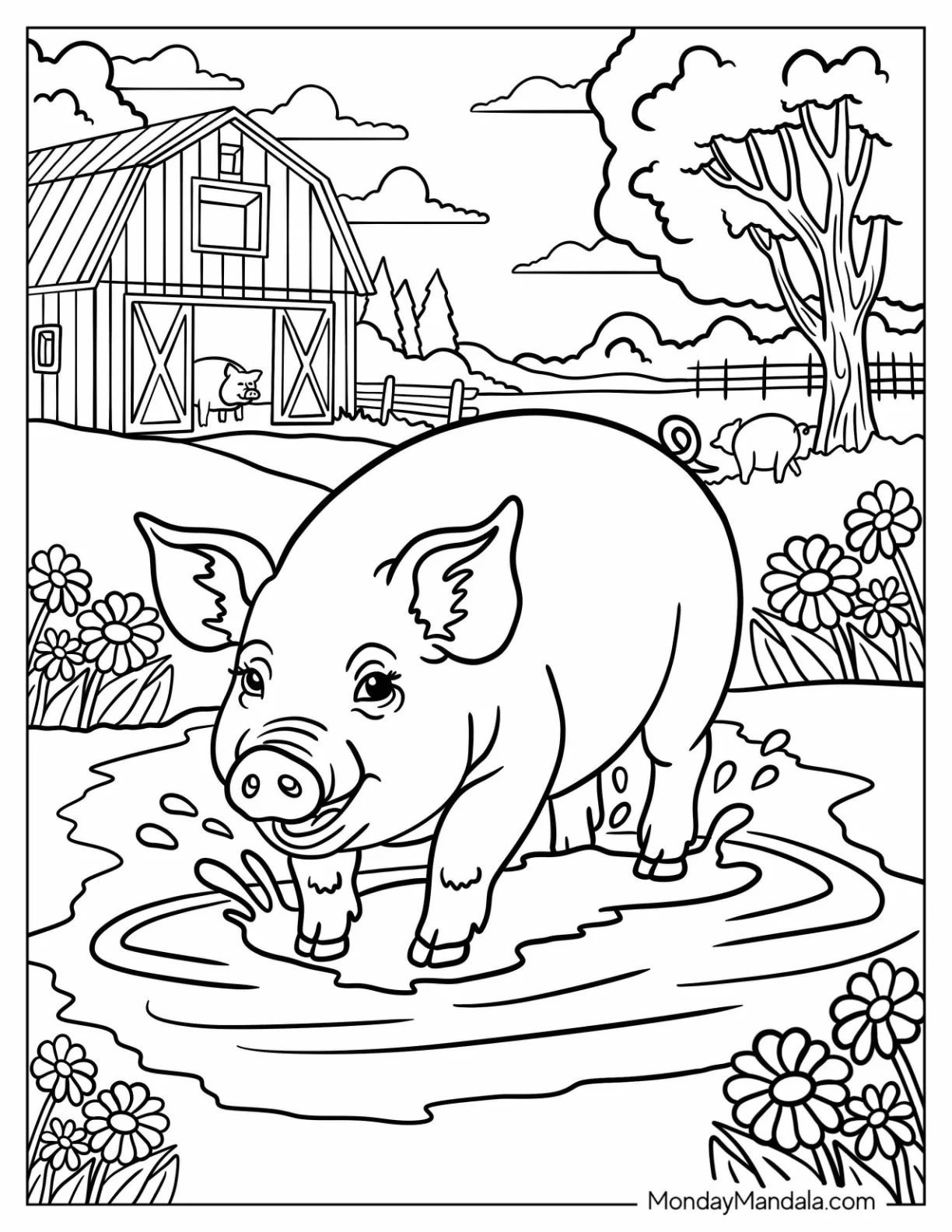 Large Pig Coloring Page Playing in a Muddy Puddle coloring page — printable line art