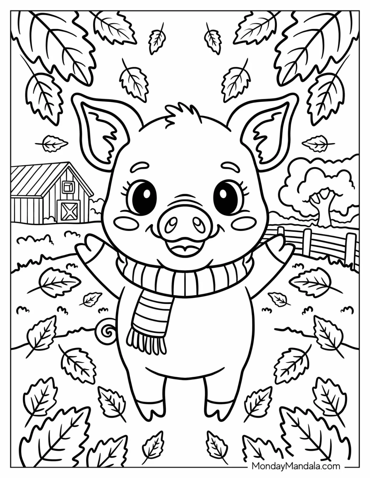 Lovely Pig Coloring Page in Scarf Throwing Fall Leaves for Kids coloring page — printable line art