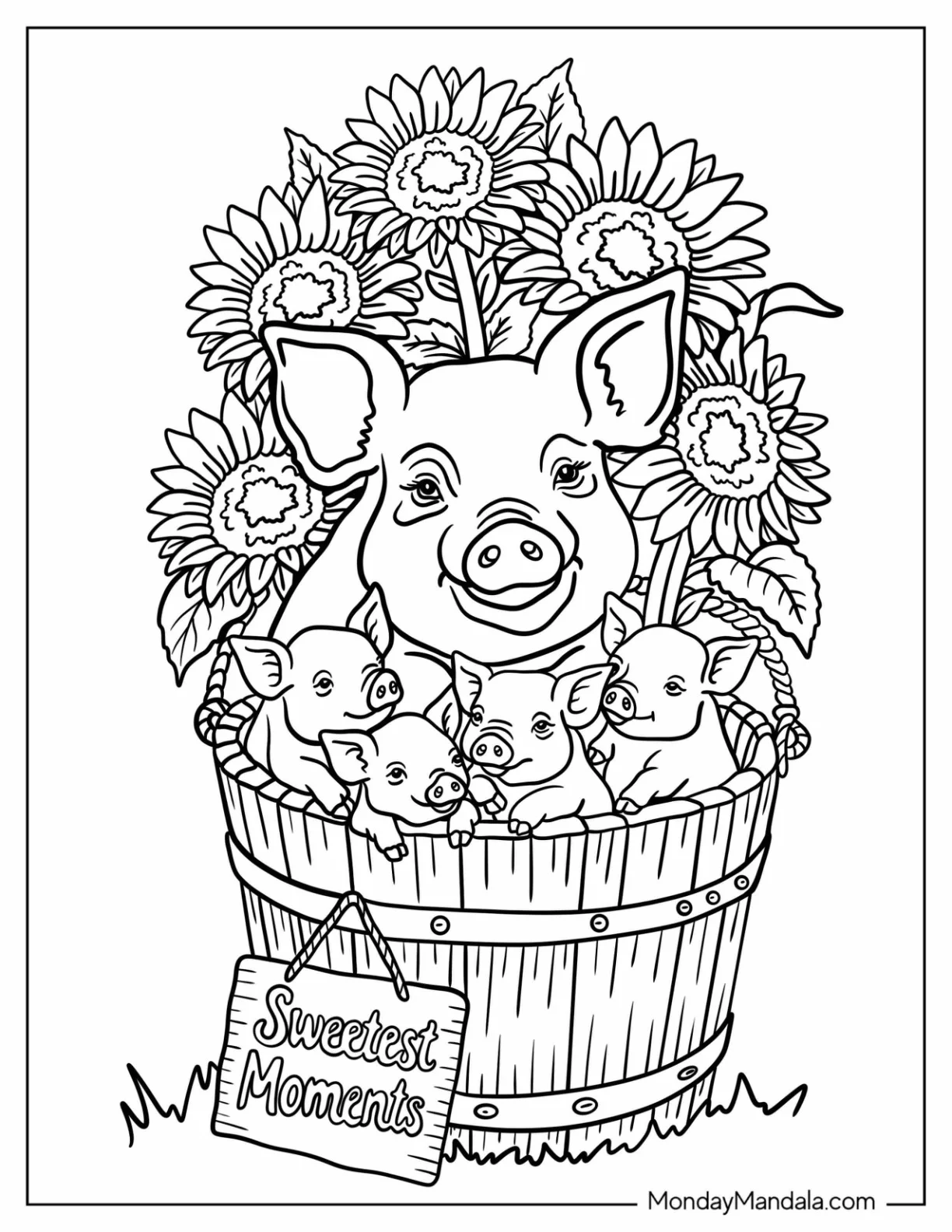 Mother Pig Coloring Page in a Bucket with Piglets and Sunflowers coloring page — printable line art