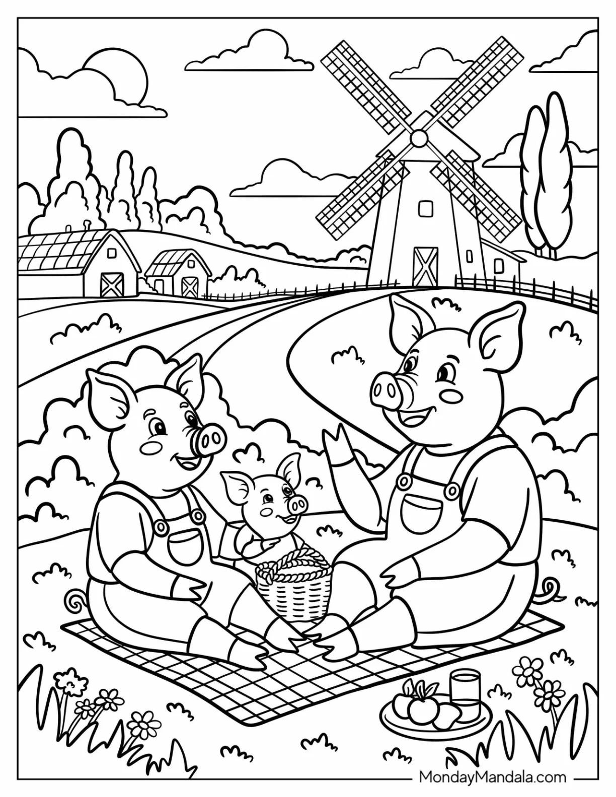 Pig Coloring Page Family Having a Picnic by a Windmill coloring page — printable line art