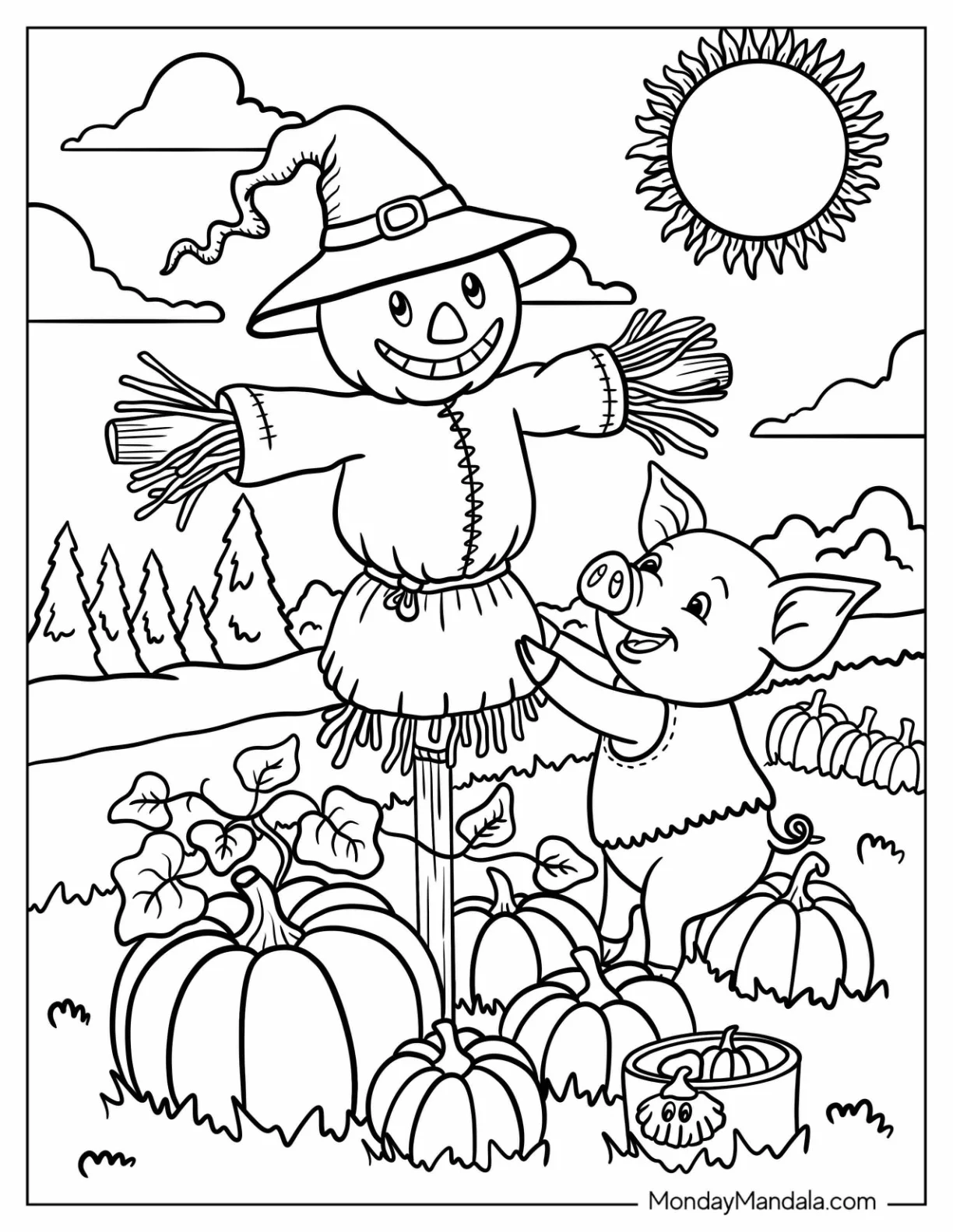 Pig Coloring Page Stuffing a Scarecrow on a Sunny Day coloring page