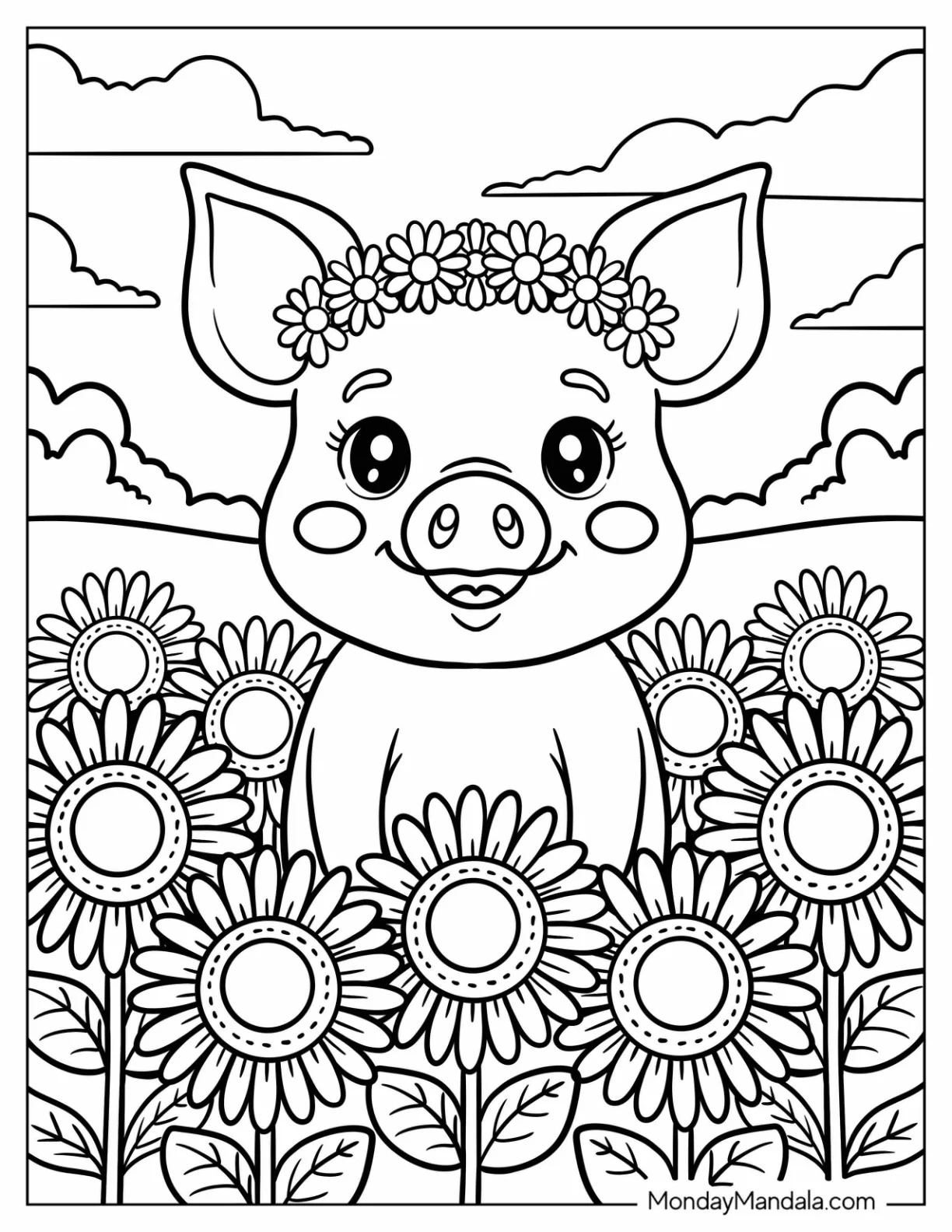 Pig Coloring Page with Flower Crown Standing Among Sunflowers for Kids coloring page