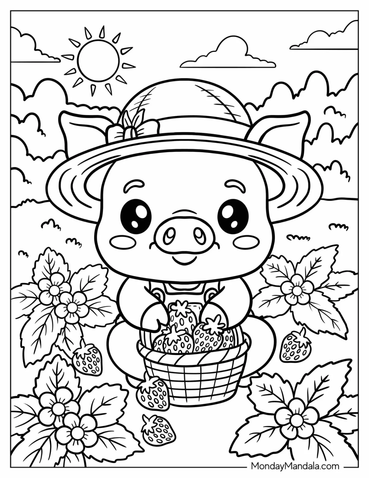 Pig Coloring Page with Sunhat Harvesting Sunflowers in a Basket coloring page