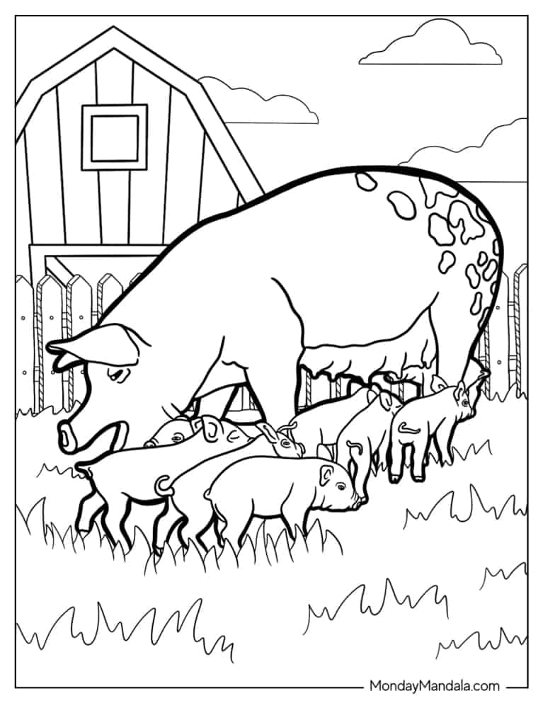Realistic Mother Pig With Piglets To Color coloring page — printable line art